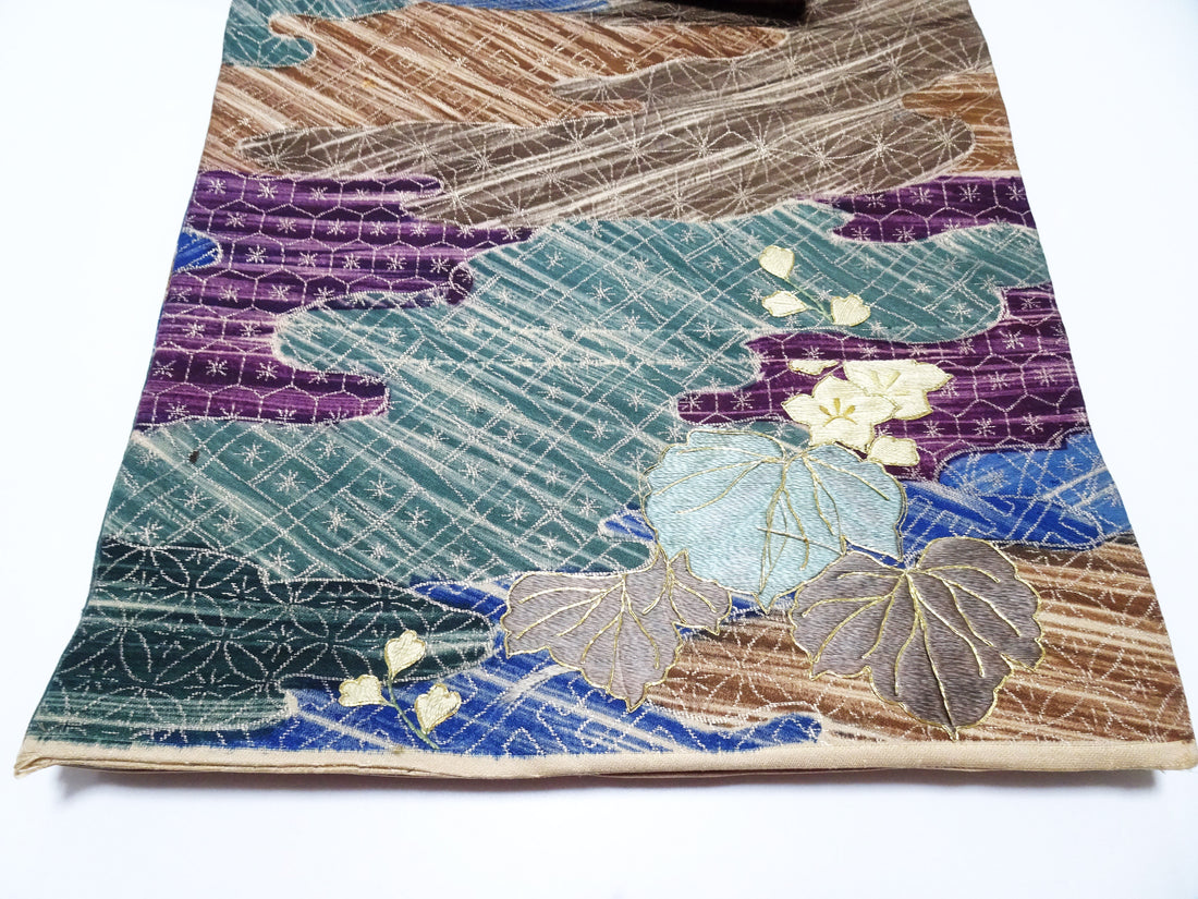 Japanese Kimono Silk Antique Maru Obi Double-Sided All-Over Design Exquisite Japanese hand embroidery 17720