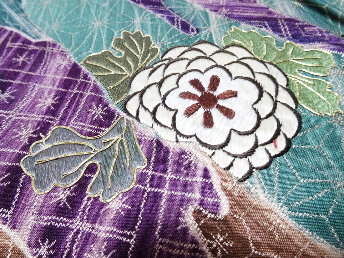 Japanese Kimono Silk Antique Maru Obi Double-Sided All-Over Design Exquisite Japanese hand embroidery 17720