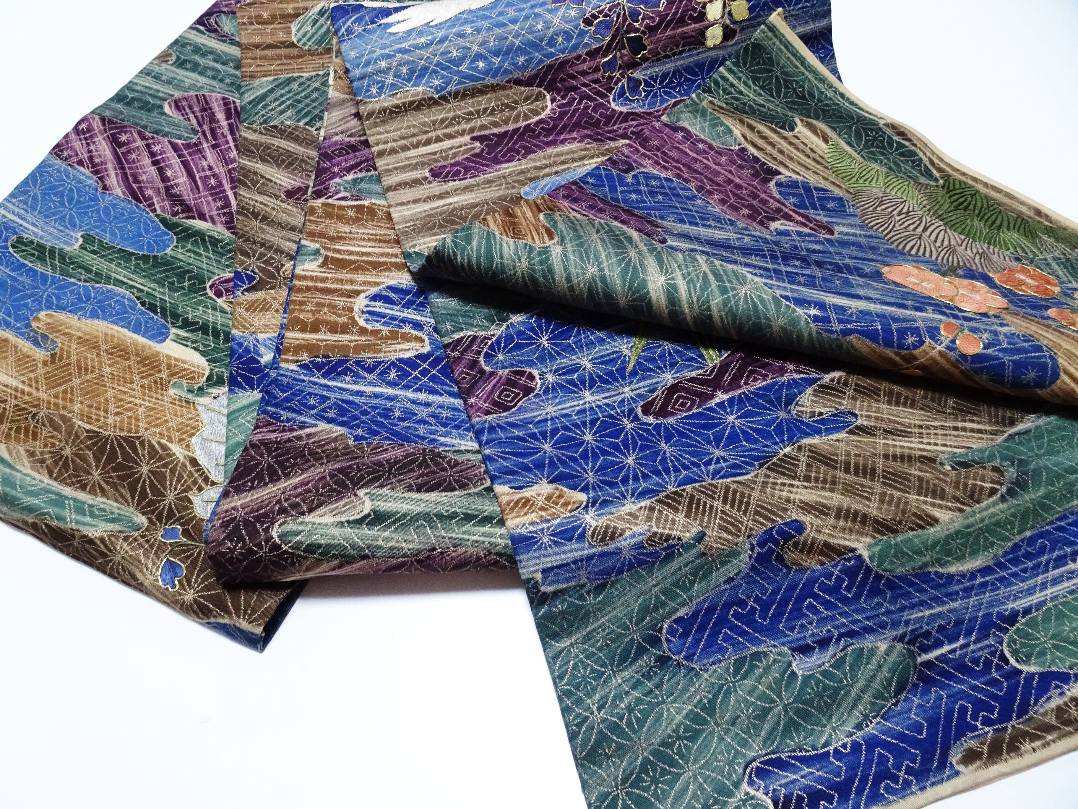 Japanese Kimono Silk Antique Maru Obi Double-Sided All-Over Design Exquisite Japanese hand embroidery 17720