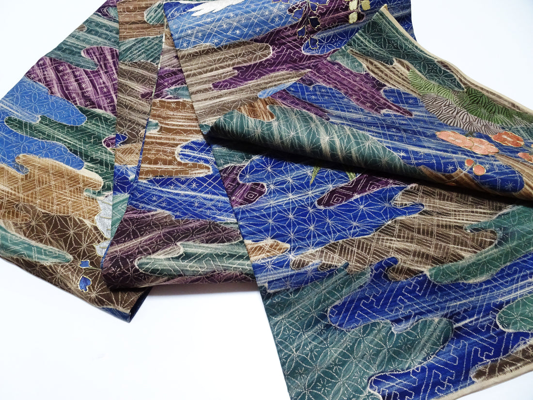 Japanese Kimono Silk Antique Maru Obi Double-Sided All-Over Design Exquisite Japanese hand embroidery 17720