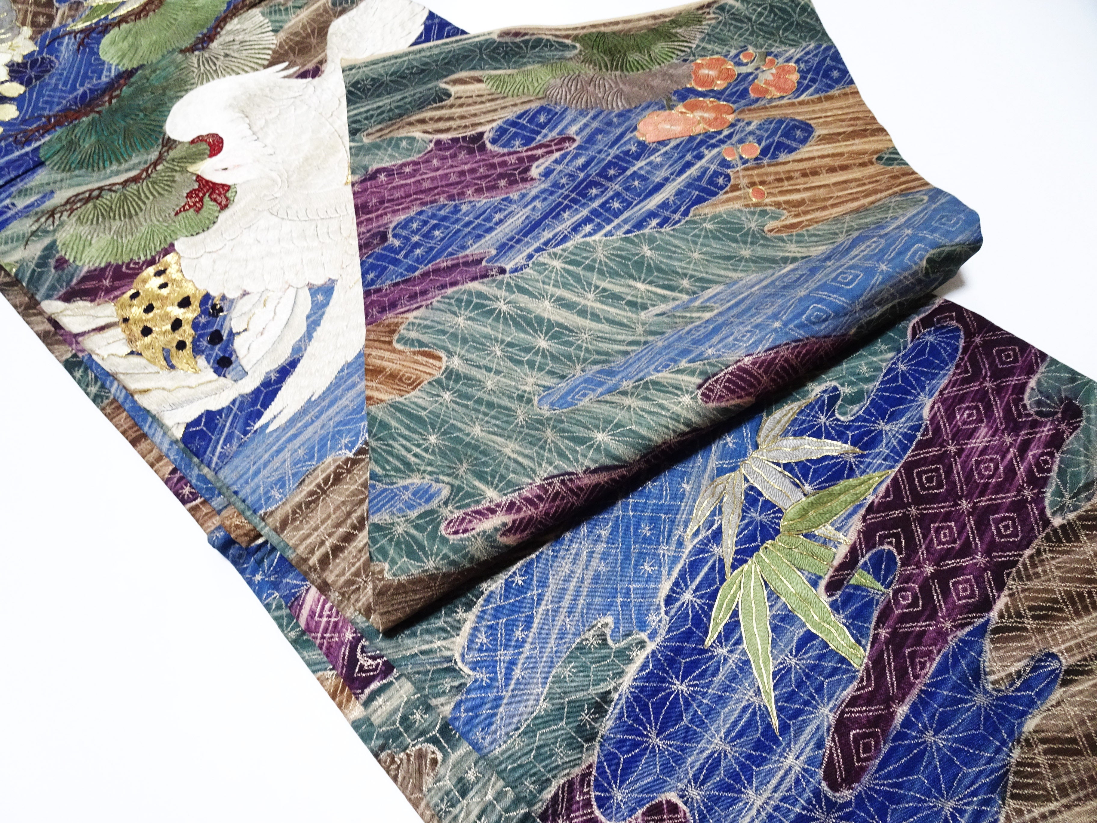 Japanese Kimono Silk Antique Maru Obi Double-Sided All-Over Design Exquisite Japanese hand embroidery 17720