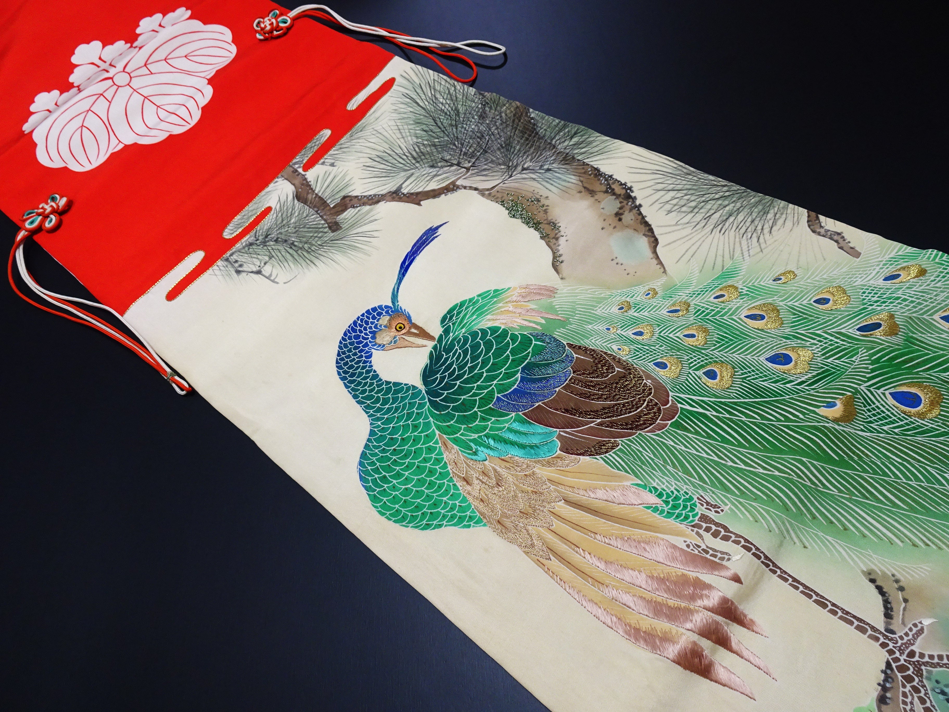 Antique Japanese Silk Koto Cover Koto Kake Hand-Painted Yuzen Hand Embroidery Peacock Pine Traditional Japanese Textile 17722