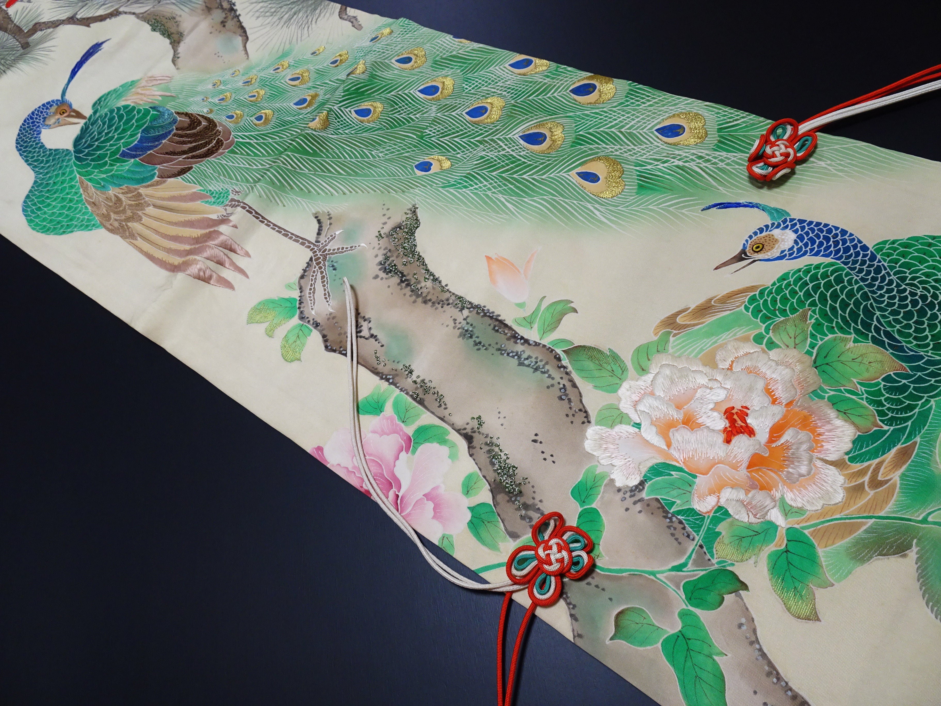 Antique Japanese Silk Koto Cover Koto Kake Hand-Painted Yuzen Hand Embroidery Peacock Pine Traditional Japanese Textile 17722