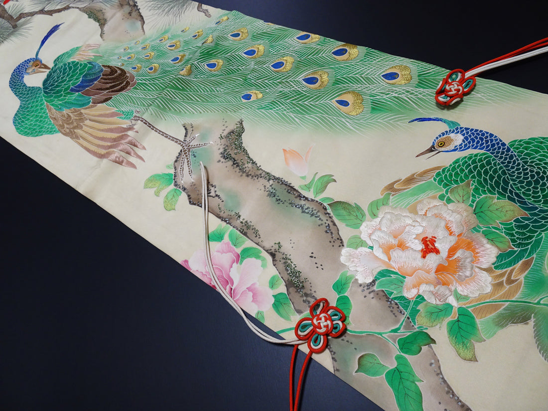 Antique Japanese Silk Koto Cover Koto Kake Hand-Painted Yuzen Hand Embroidery Peacock Pine Traditional Japanese Textile 17722