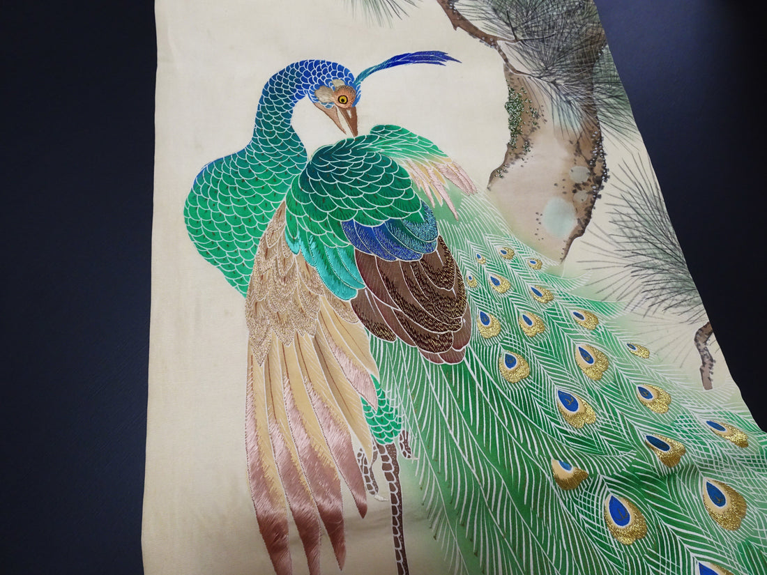 Antique Japanese Silk Koto Cover Koto Kake Hand-Painted Yuzen Hand Embroidery Peacock Pine Traditional Japanese Textile 17722