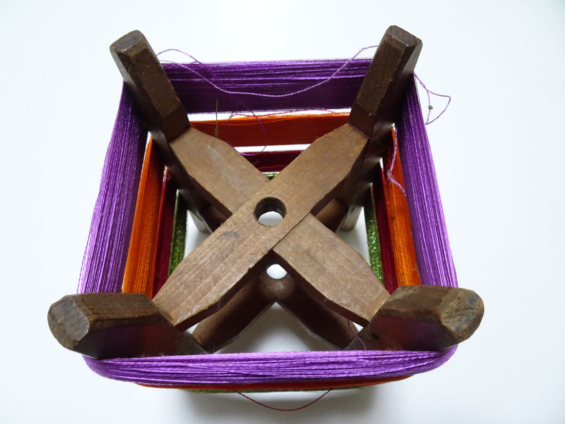 Japanese vintage Wooden spool & silk thread embroidery 16323