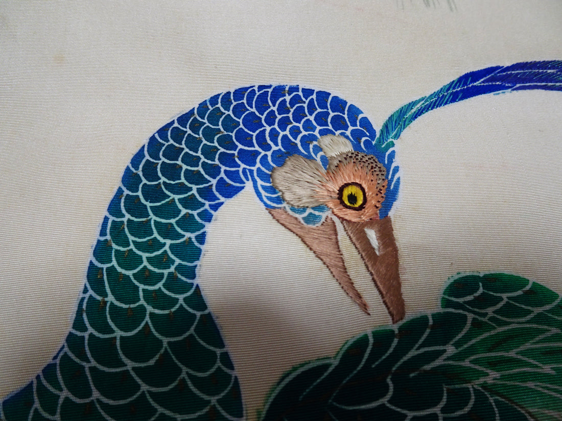 Antique Japanese Silk Koto Cover Koto Kake Hand-Painted Yuzen Hand Embroidery Peacock Pine Traditional Japanese Textile 17722