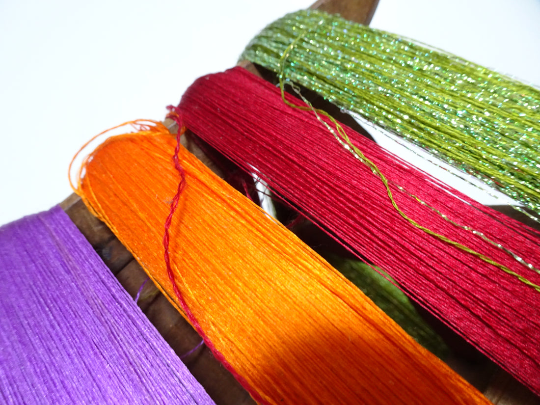 Japanese vintage Wooden spool & silk thread embroidery 16323