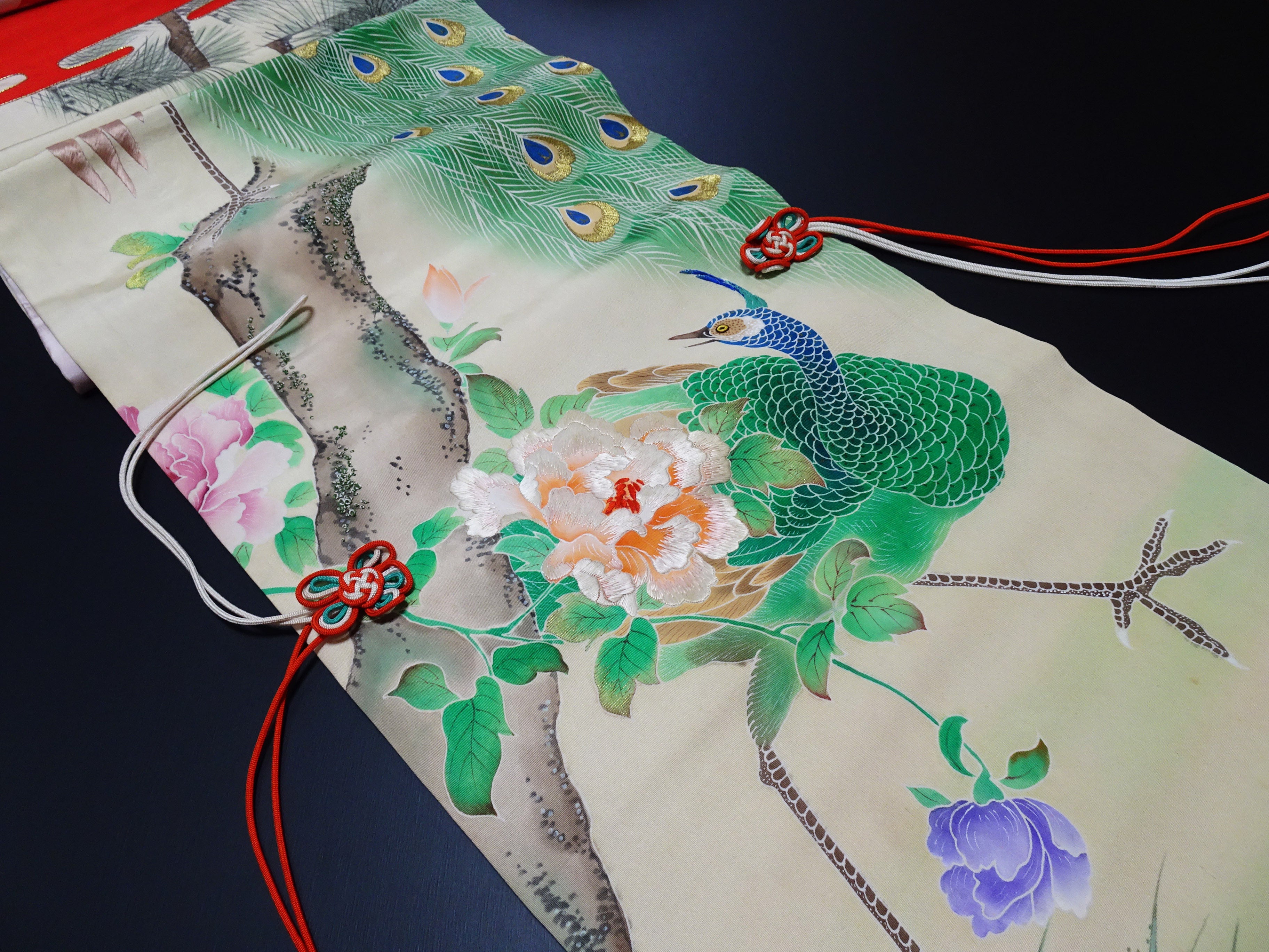 Antique Japanese Silk Koto Cover Koto Kake Hand-Painted Yuzen Hand Embroidery Peacock Pine Traditional Japanese Textile 17722