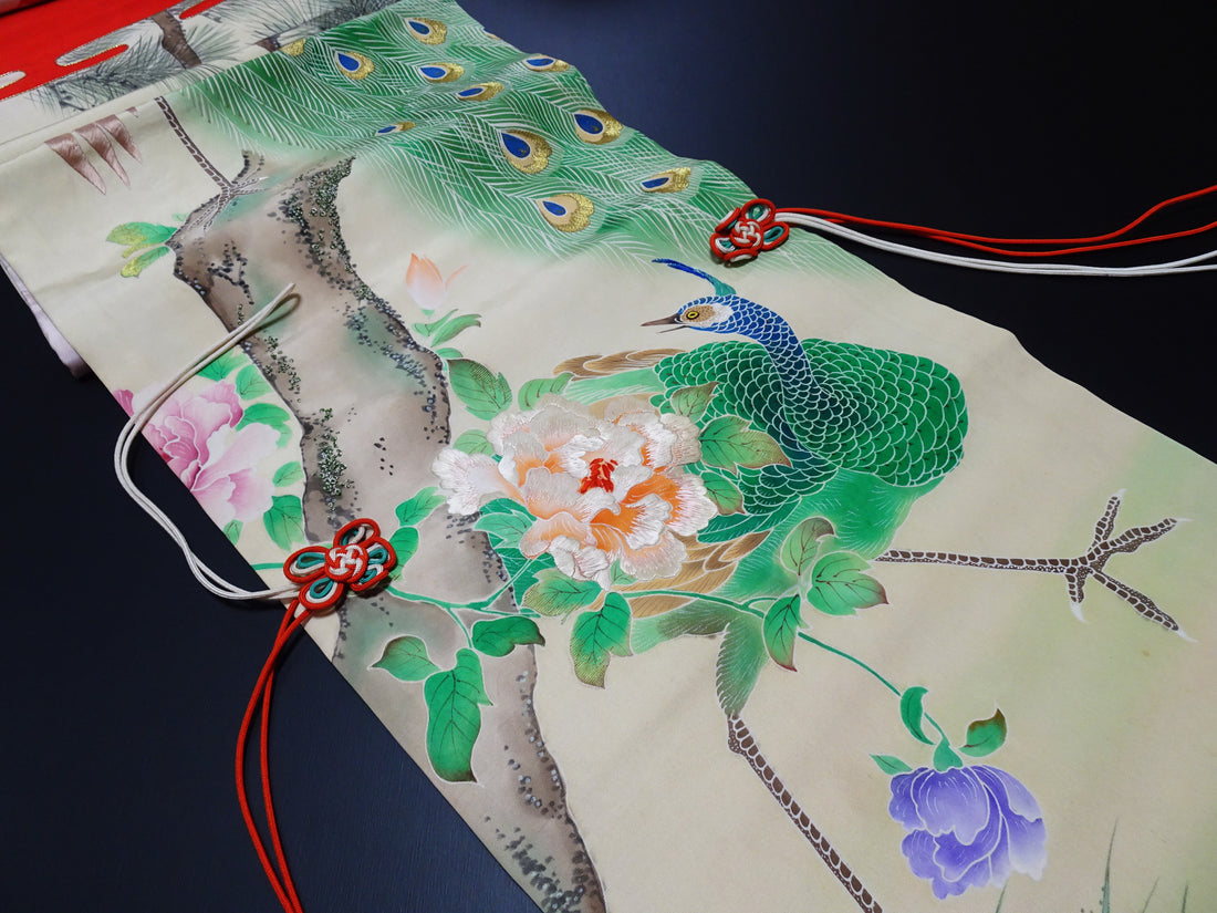 Antique Japanese Silk Koto Cover Koto Kake Hand-Painted Yuzen Hand Embroidery Peacock Pine Traditional Japanese Textile 17722