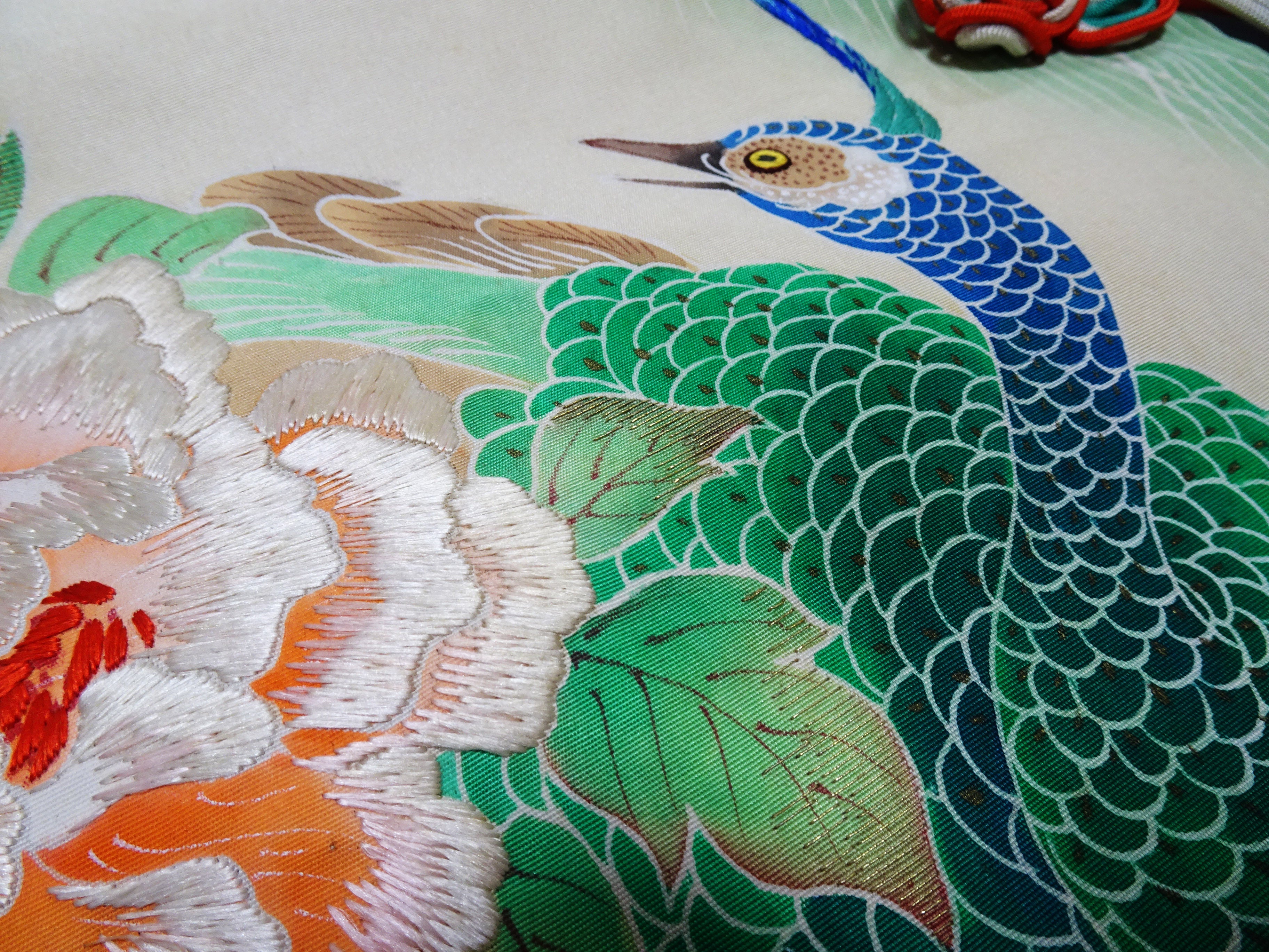 Antique Japanese Silk Koto Cover Koto Kake Hand-Painted Yuzen Hand Embroidery Peacock Pine Traditional Japanese Textile 17722