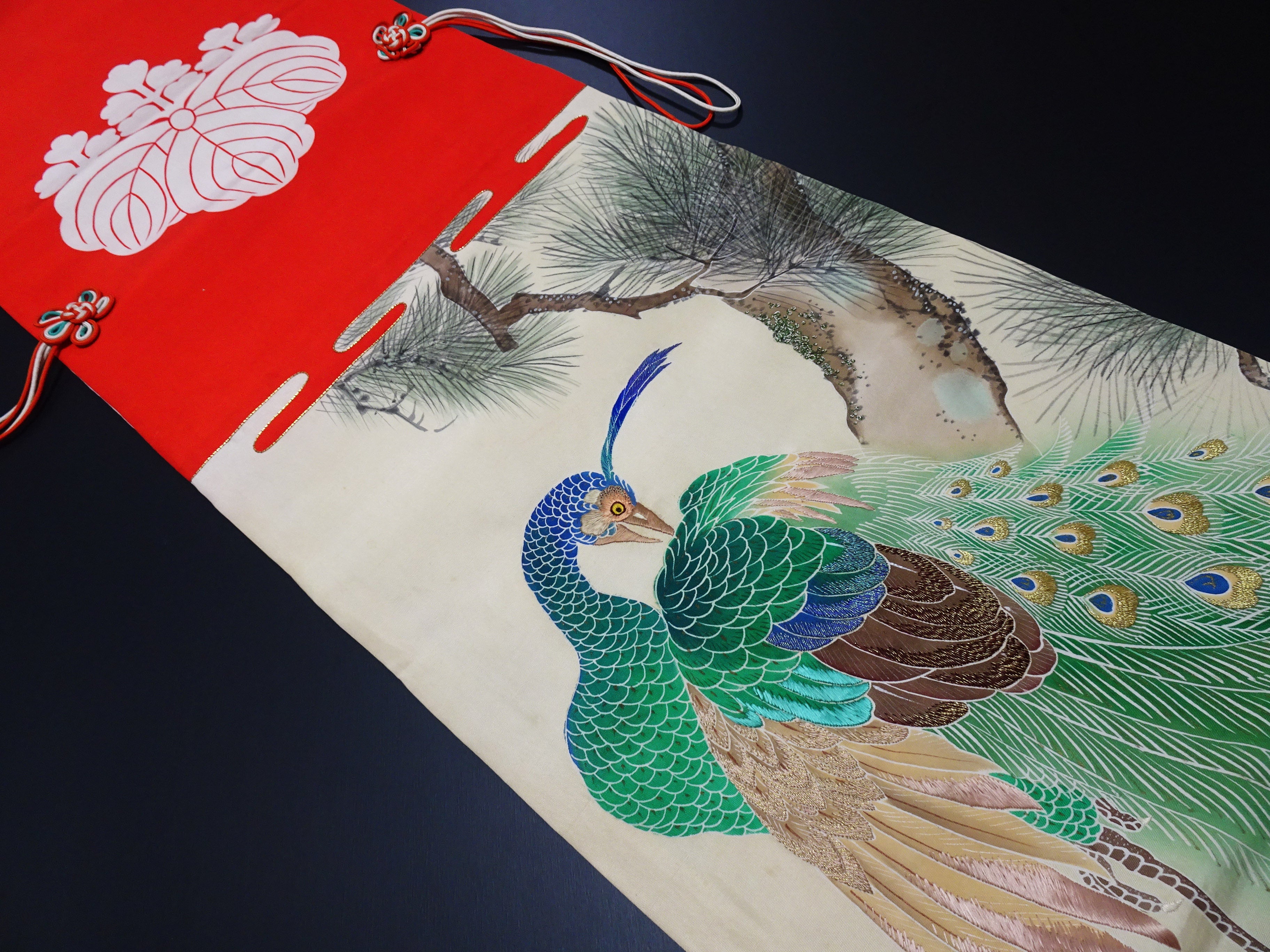 Antique Japanese Silk Koto Cover Koto Kake Hand-Painted Yuzen Hand Embroidery Peacock Pine Traditional Japanese Textile 17722