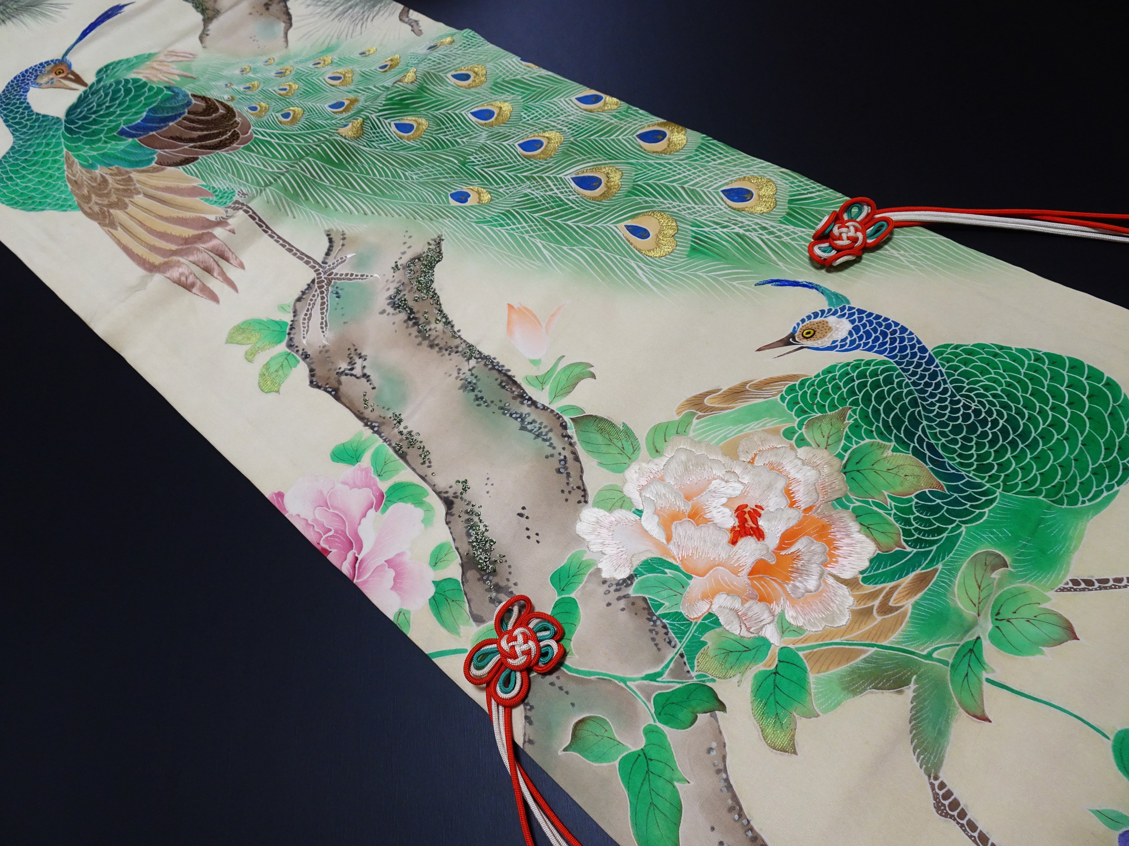 Antique Japanese Silk Koto Cover Koto Kake Hand-Painted Yuzen Hand Embroidery Peacock Pine Traditional Japanese Textile 17722
