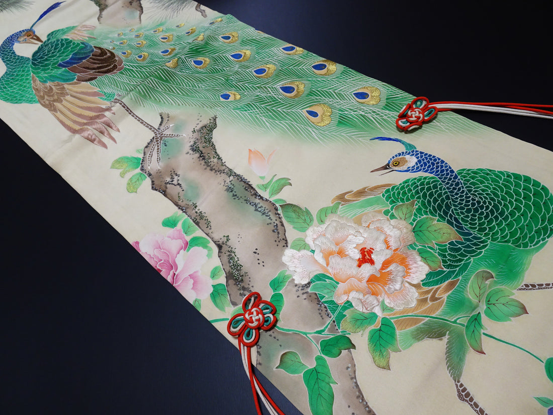 Antique Japanese Silk Koto Cover Koto Kake Hand-Painted Yuzen Hand Embroidery Peacock Pine Traditional Japanese Textile 17722