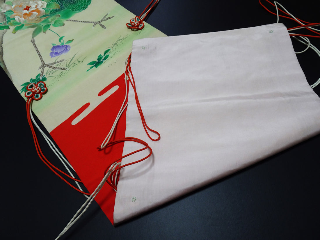 Antique Japanese Silk Koto Cover Koto Kake Hand-Painted Yuzen Hand Embroidery Peacock Pine Traditional Japanese Textile 17722
