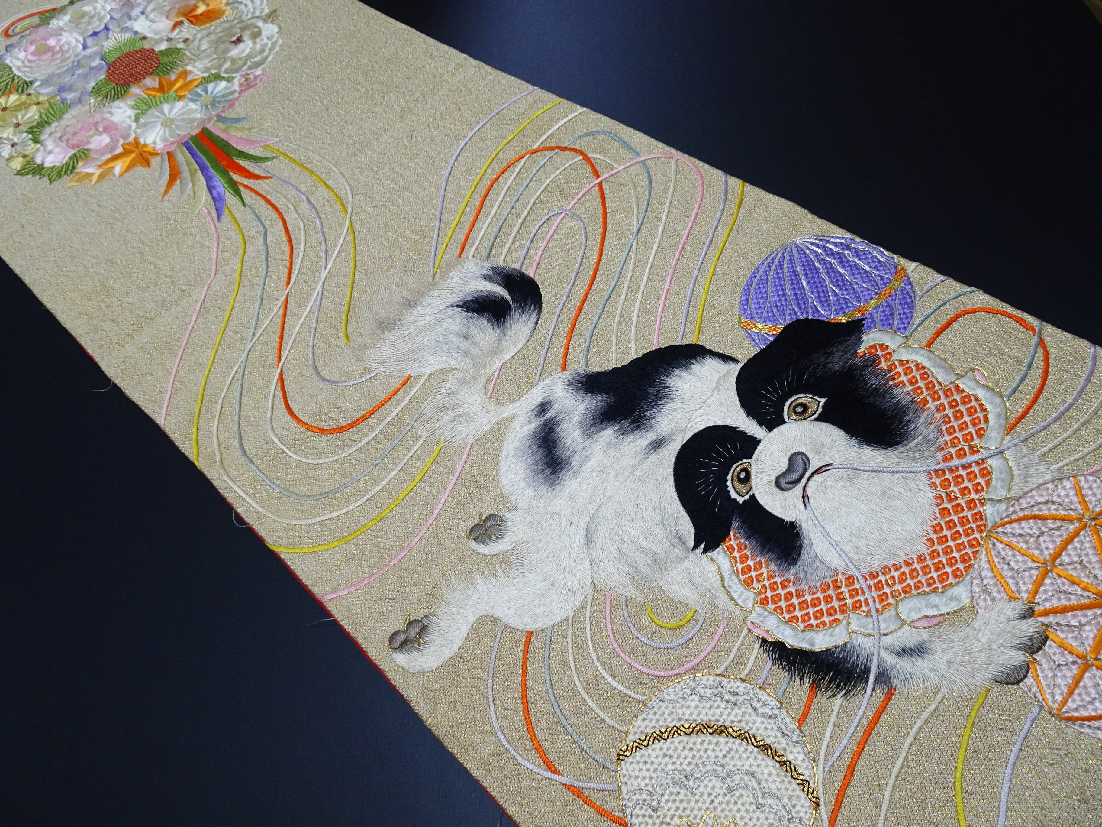 Vintage Japanese Silk Koto Cover Koto Kake Hand Embroidery Chin Dog Flower Kusudama Traditional Japanese Textile 17723