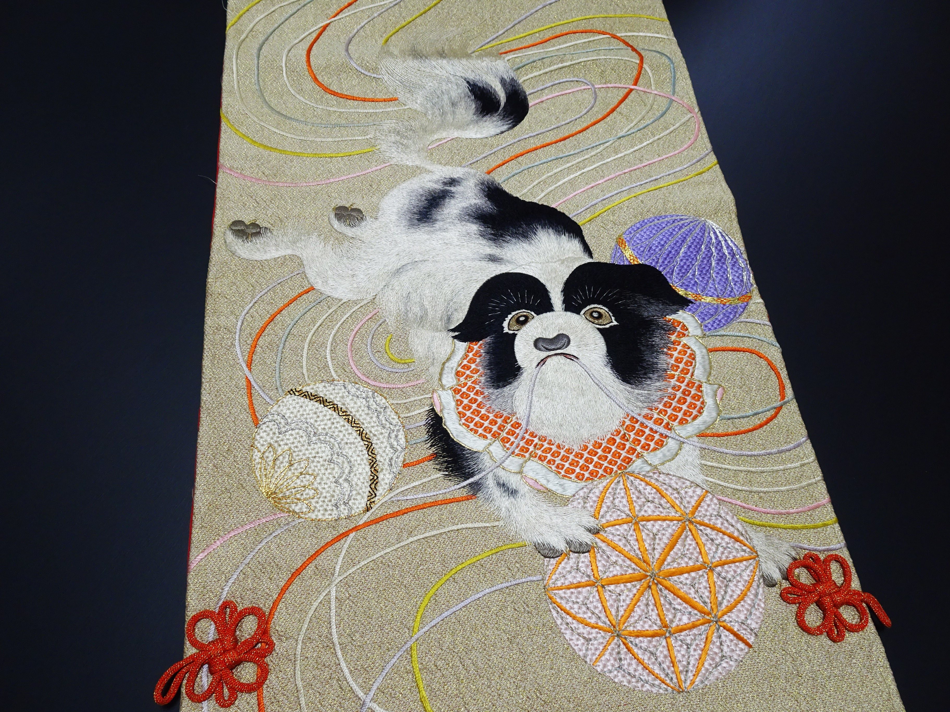 Vintage Japanese Silk Koto Cover Koto Kake Hand Embroidery Chin Dog Flower Kusudama Traditional Japanese Textile 17723