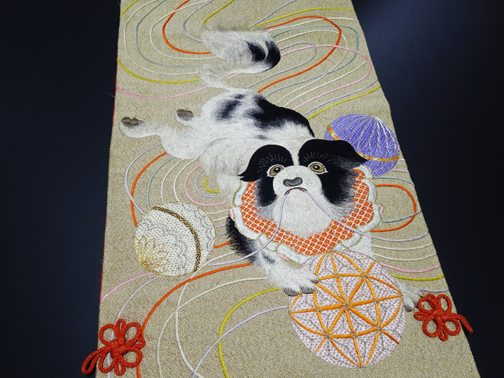 Vintage Japanese Silk Koto Cover Koto Kake Hand Embroidery Chin Dog Flower Kusudama Traditional Japanese Textile 17723
