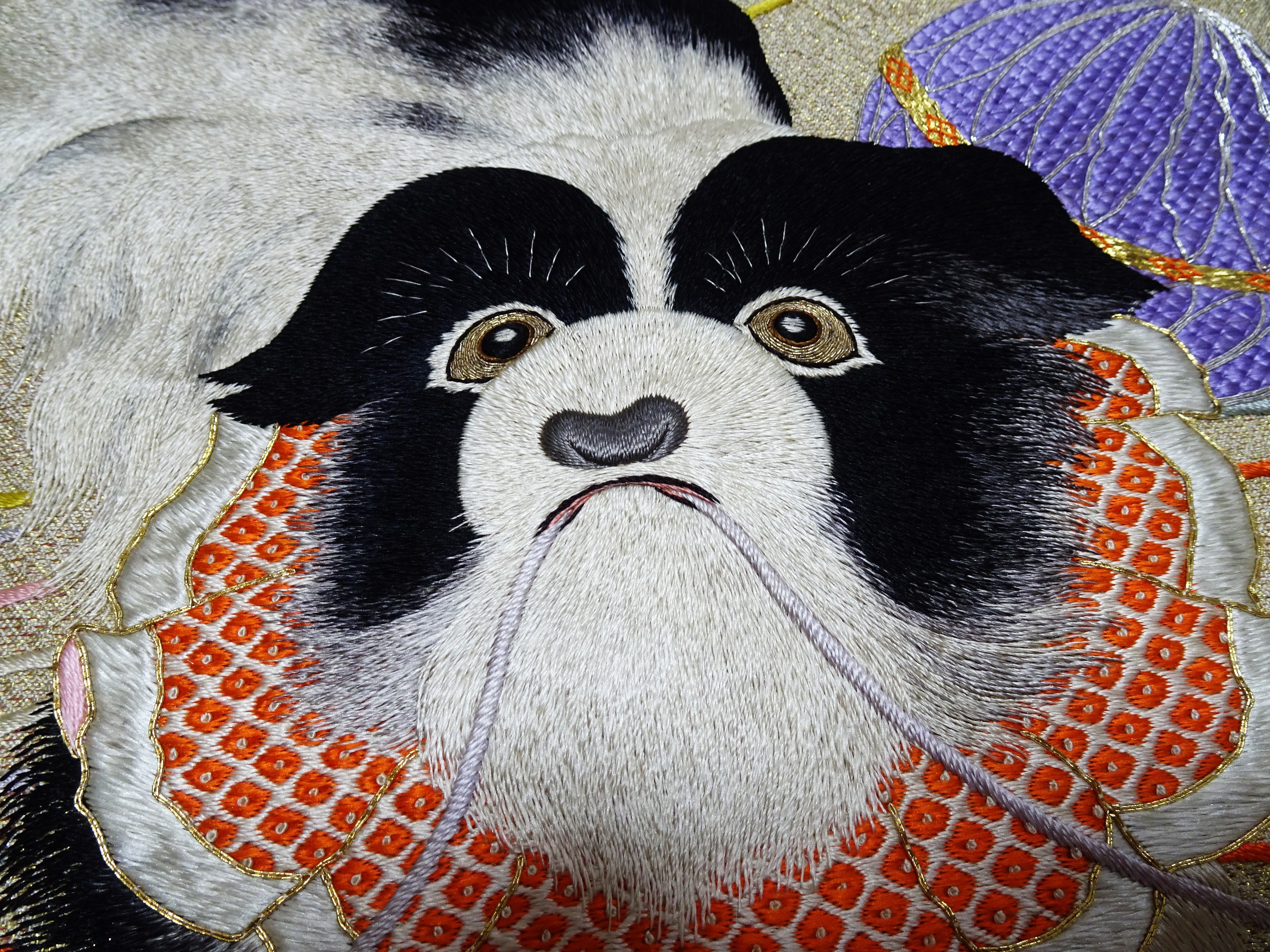 Vintage Japanese Silk Koto Cover Koto Kake Hand Embroidery Chin Dog Flower Kusudama Traditional Japanese Textile 17723
