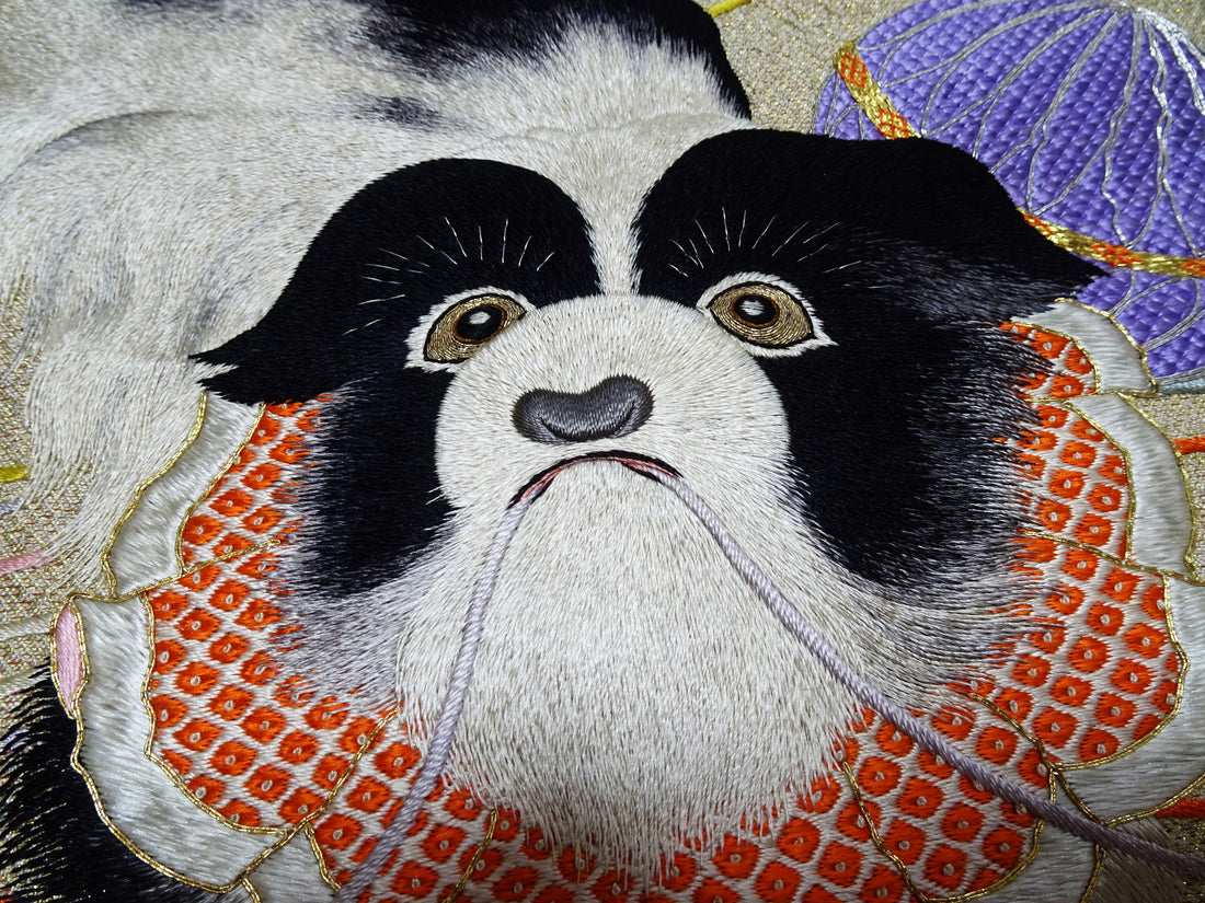 Vintage Japanese Silk Koto Cover Koto Kake Hand Embroidery Chin Dog Flower Kusudama Traditional Japanese Textile 17723