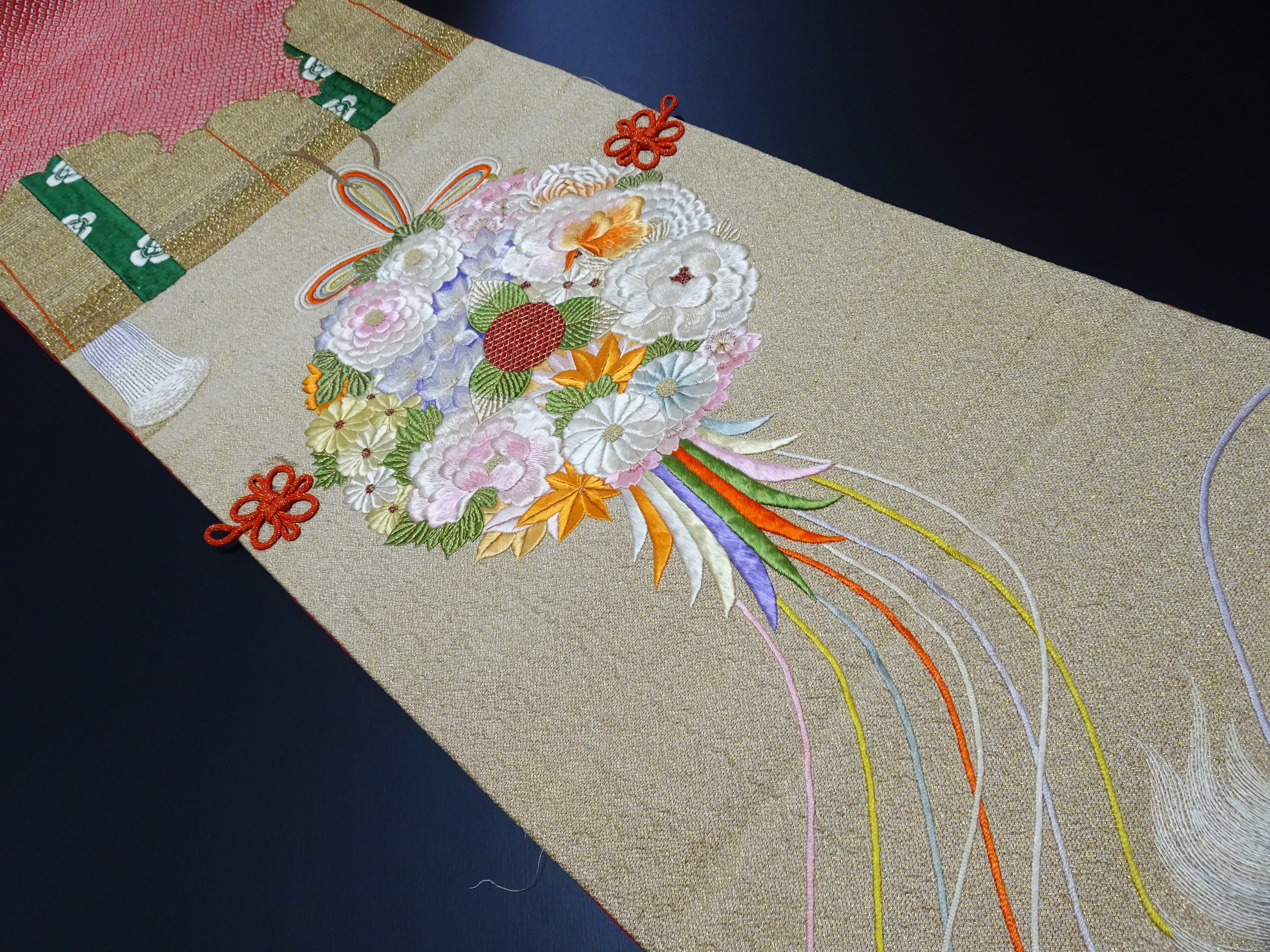 Vintage Japanese Silk Koto Cover Koto Kake Hand Embroidery Chin Dog Flower Kusudama Traditional Japanese Textile 17723