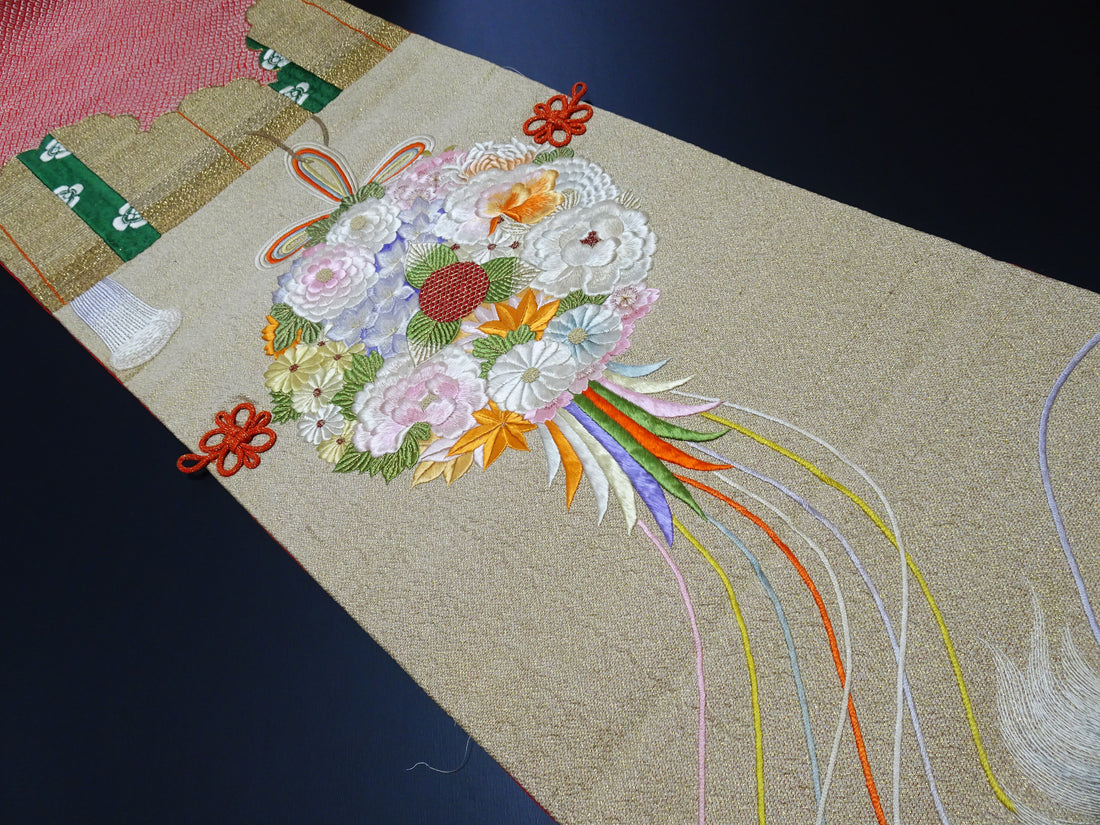 Vintage Japanese Silk Koto Cover Koto Kake Hand Embroidery Chin Dog Flower Kusudama Traditional Japanese Textile 17723