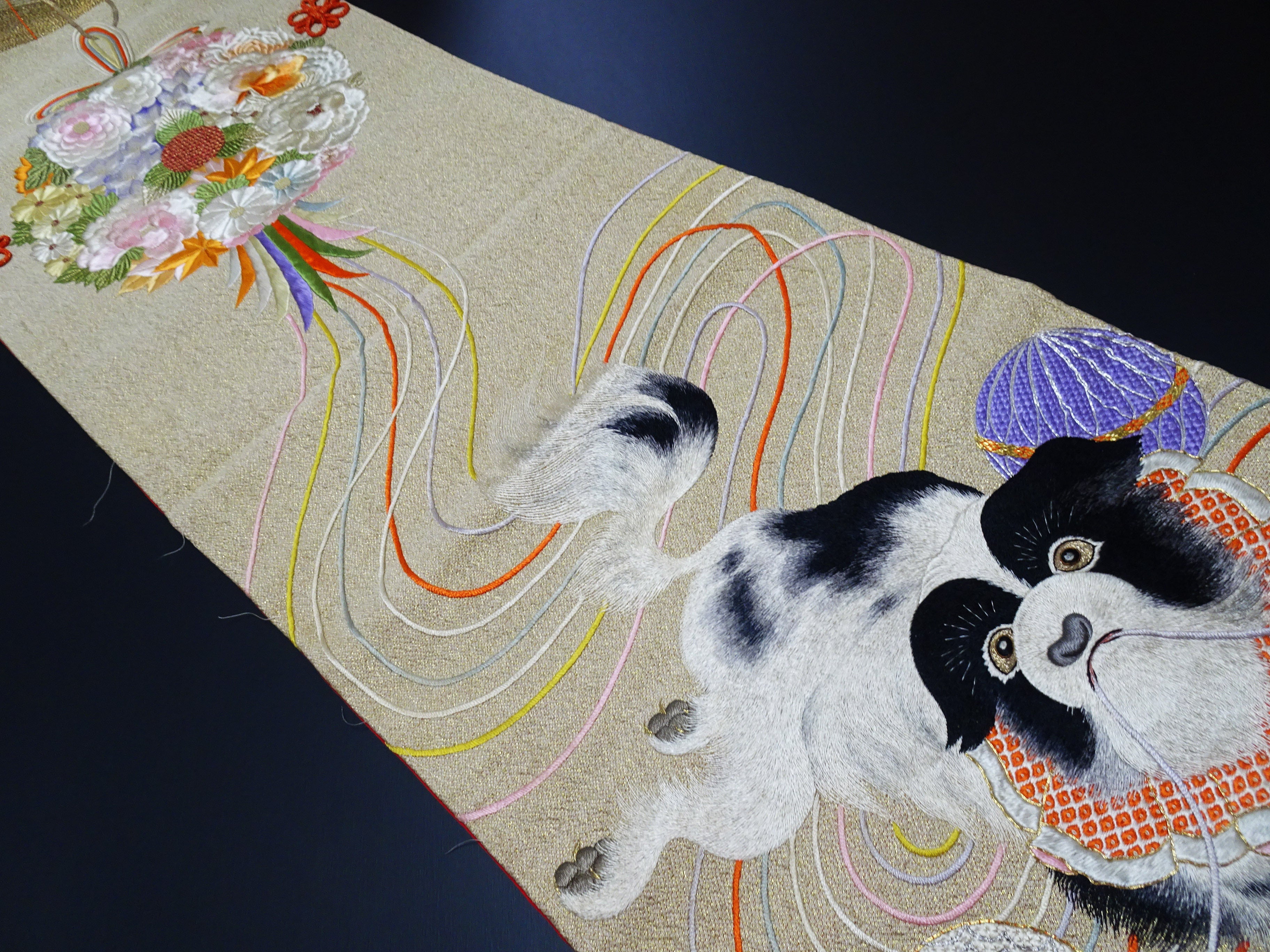 Vintage Japanese Silk Koto Cover Koto Kake Hand Embroidery Chin Dog Flower Kusudama Traditional Japanese Textile 17723