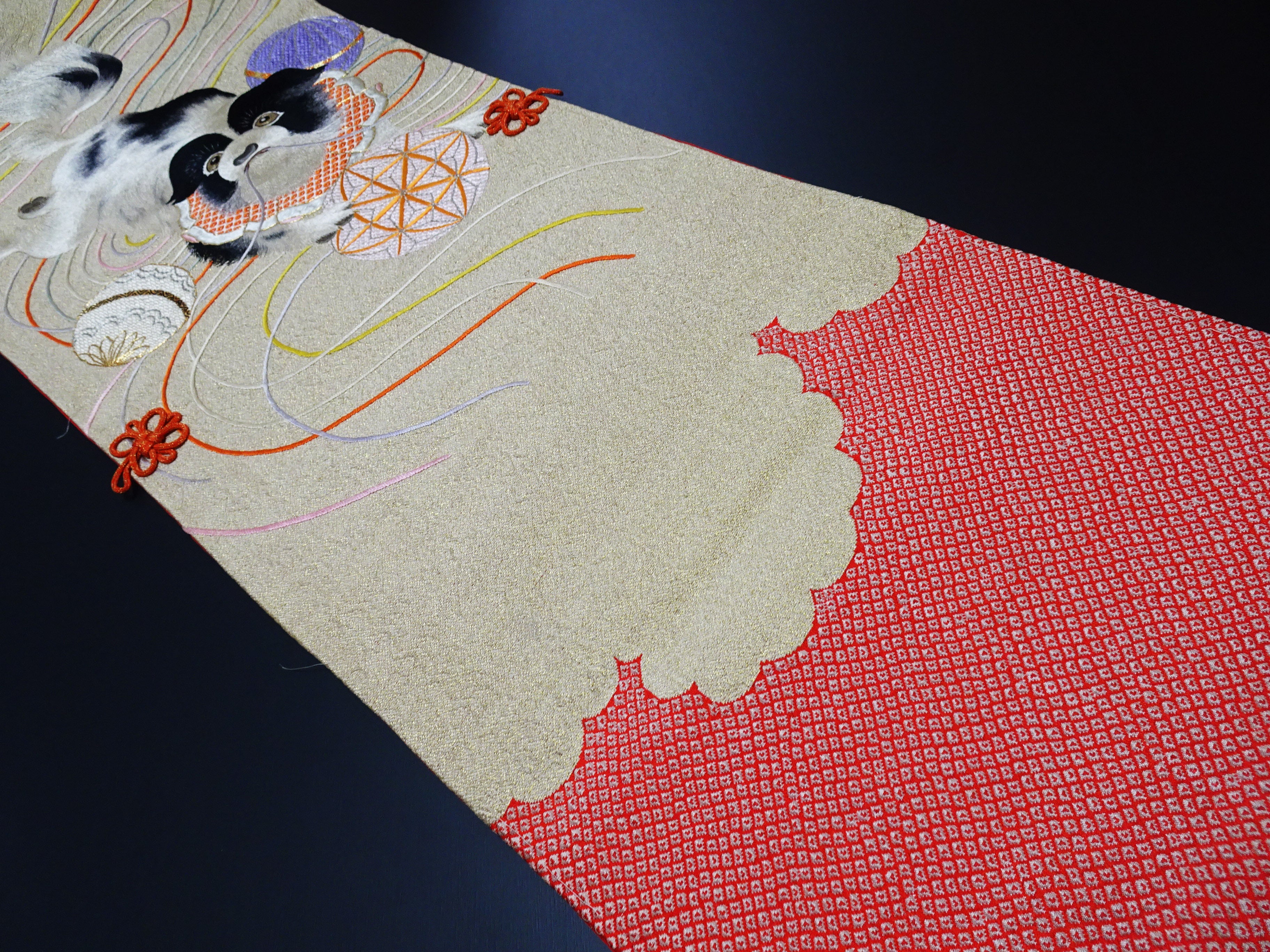 Vintage Japanese Silk Koto Cover Koto Kake Hand Embroidery Chin Dog Flower Kusudama Traditional Japanese Textile 17723