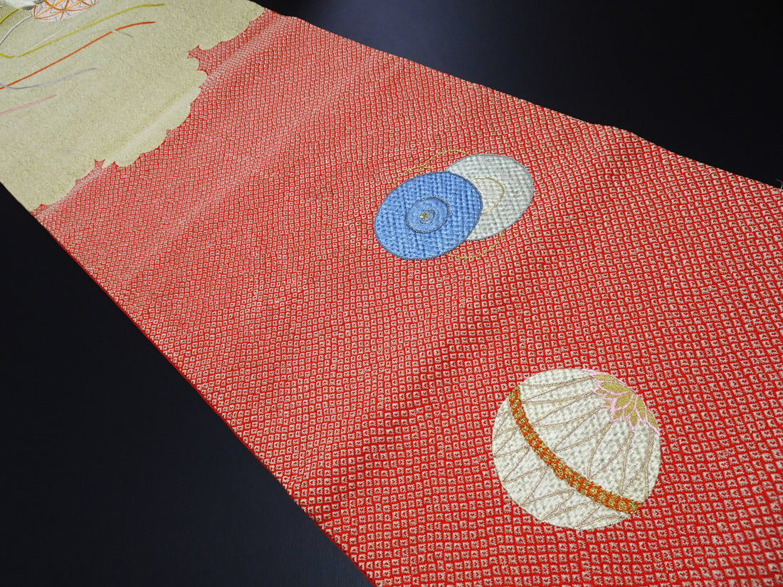 Vintage Japanese Silk Koto Cover Koto Kake Hand Embroidery Chin Dog Flower Kusudama Traditional Japanese Textile 17723