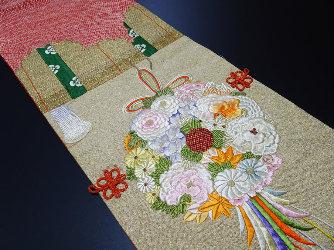 Vintage Japanese Silk Koto Cover Koto Kake Hand Embroidery Chin Dog Flower Kusudama Traditional Japanese Textile 17723