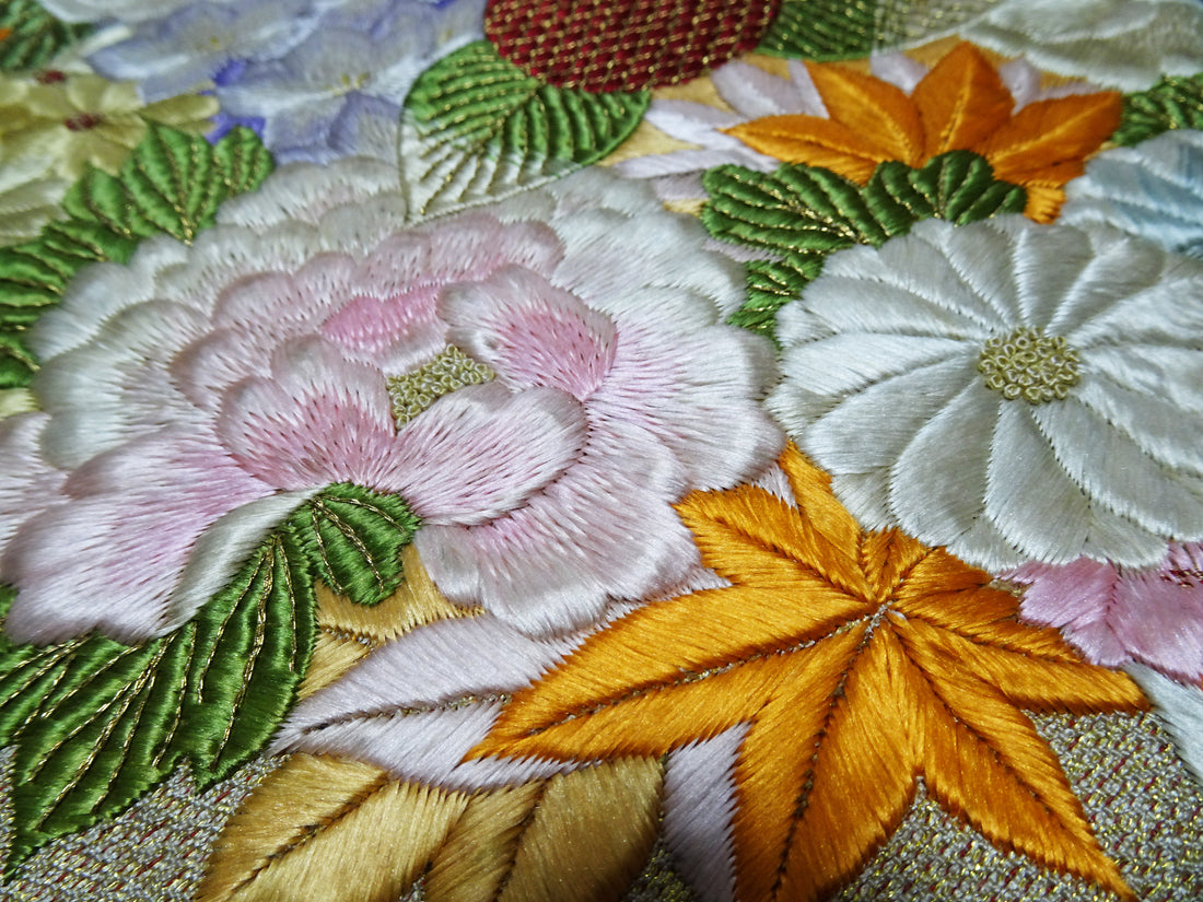 Vintage Japanese Silk Koto Cover Koto Kake Hand Embroidery Chin Dog Flower Kusudama Traditional Japanese Textile 17723