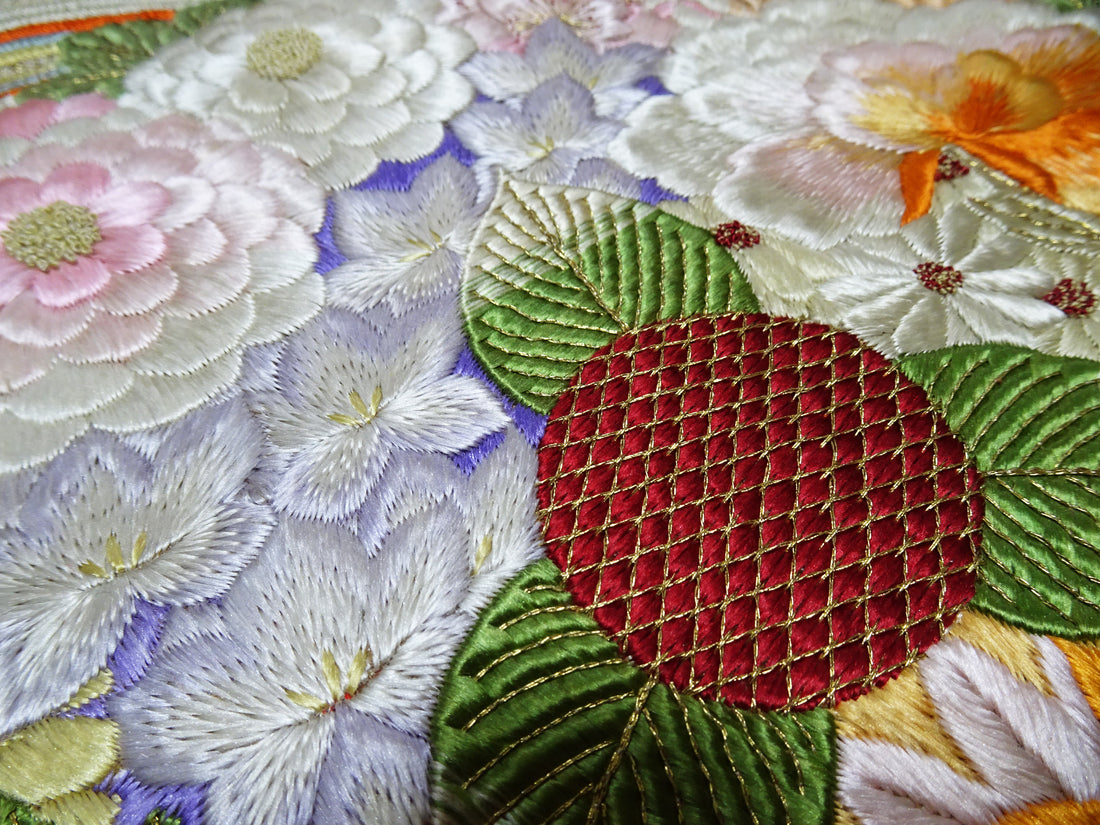 Vintage Japanese Silk Koto Cover Koto Kake Hand Embroidery Chin Dog Flower Kusudama Traditional Japanese Textile 17723
