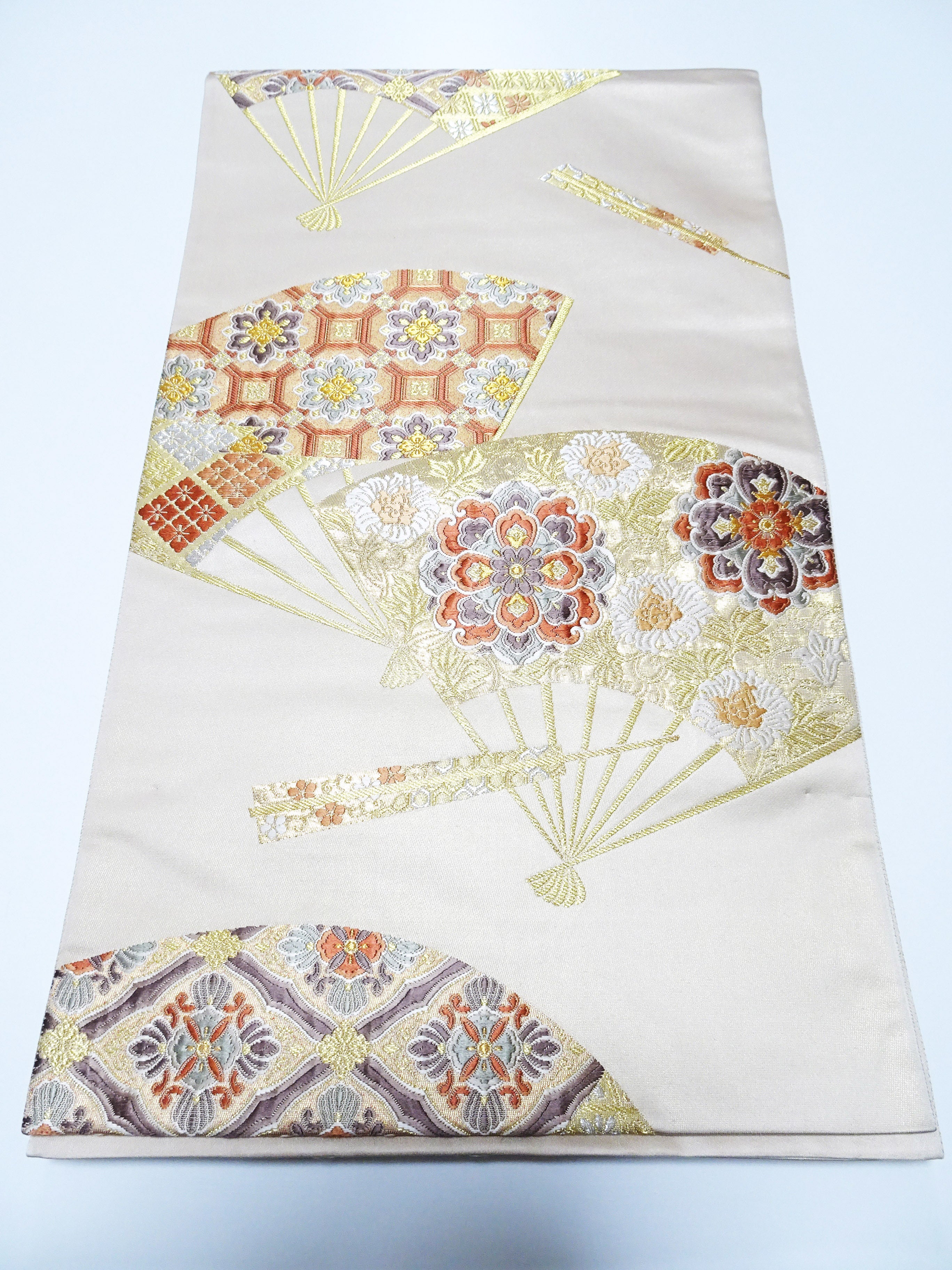 Japanese Kimono Silk Fukuro Obi 24K Gold Senmenhanamon Woven Pattern 16330