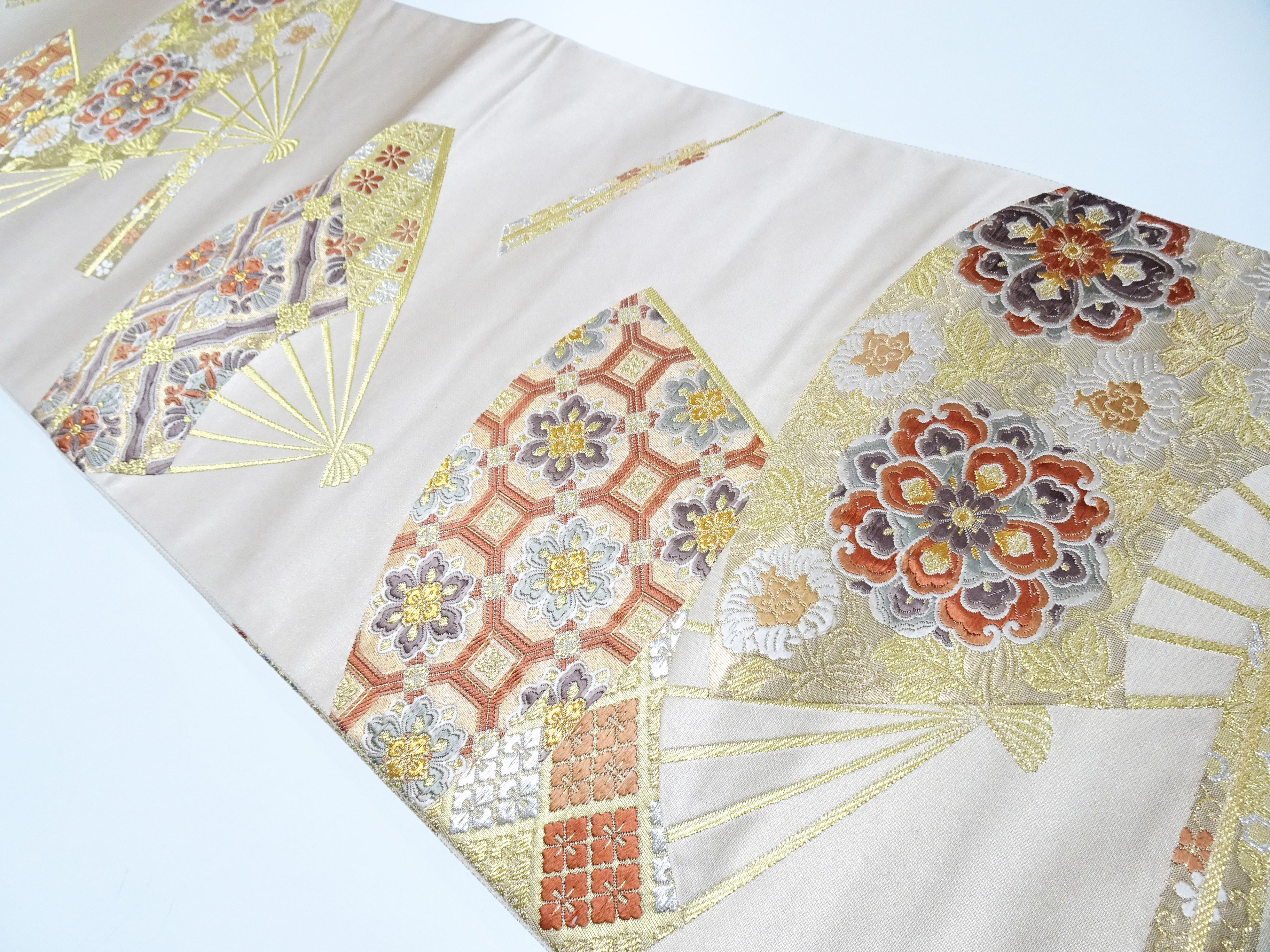 Japanese Kimono Silk Fukuro Obi 24K Gold Senmenhanamon Woven Pattern 16330