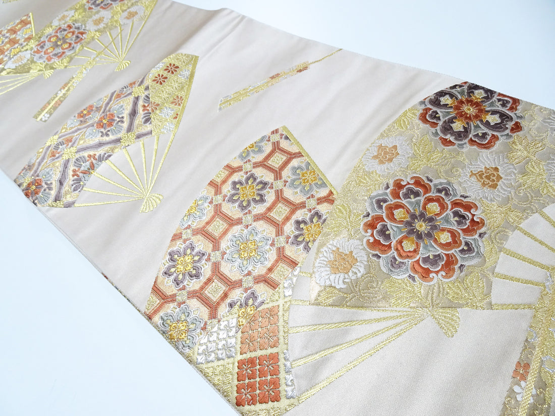 Japanese Kimono Silk Fukuro Obi 24K Gold Senmenhanamon Woven Pattern 16330