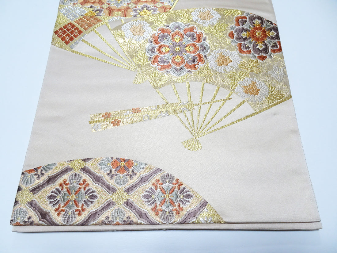 Japanese Kimono Silk Fukuro Obi 24K Gold Senmenhanamon Woven Pattern 16330