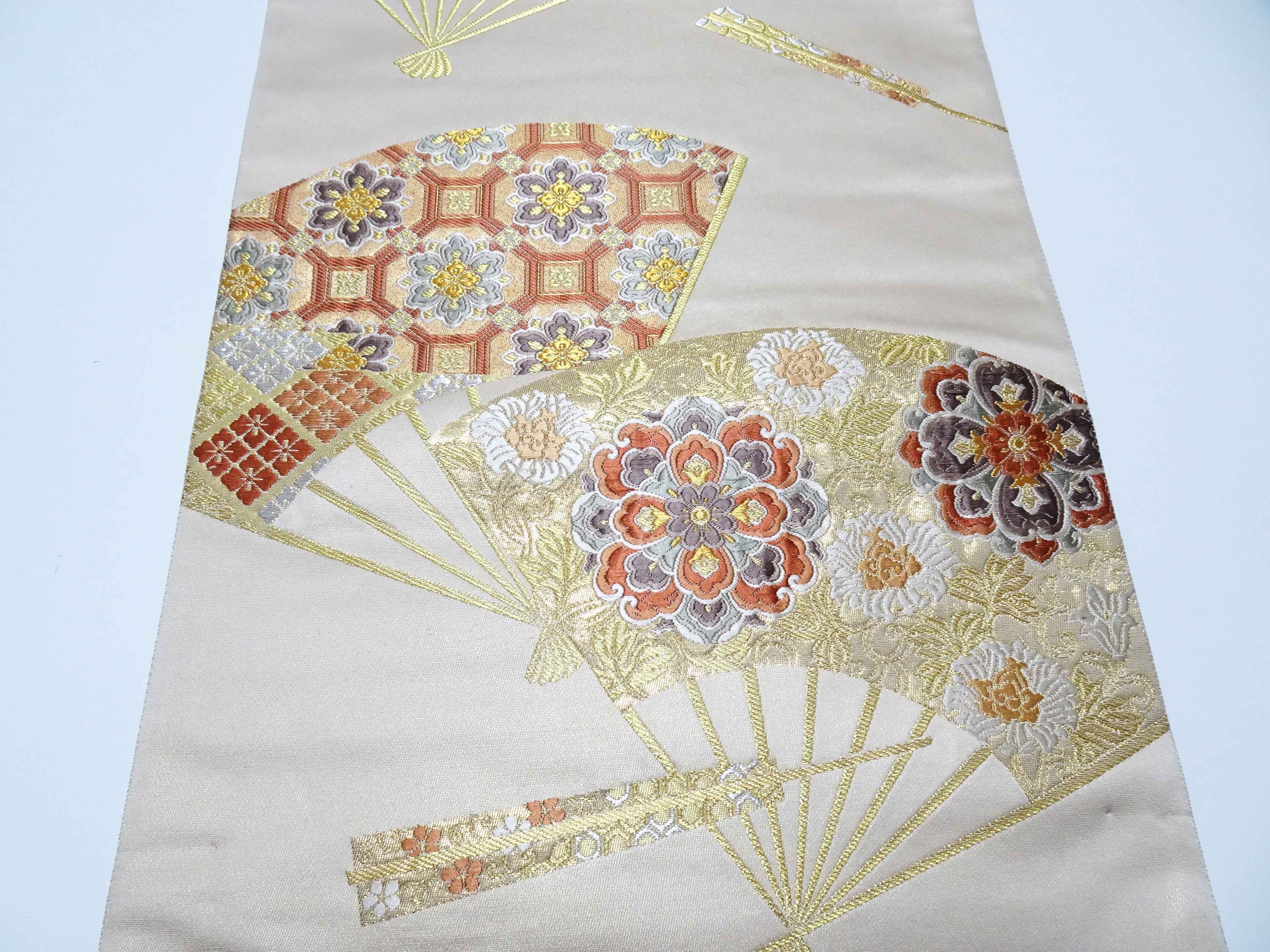 Japanese Kimono Silk Fukuro Obi 24K Gold Senmenhanamon Woven Pattern 16330