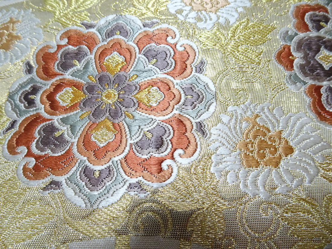 Japanese Kimono Silk Fukuro Obi 24K Gold Senmenhanamon Woven Pattern 16330