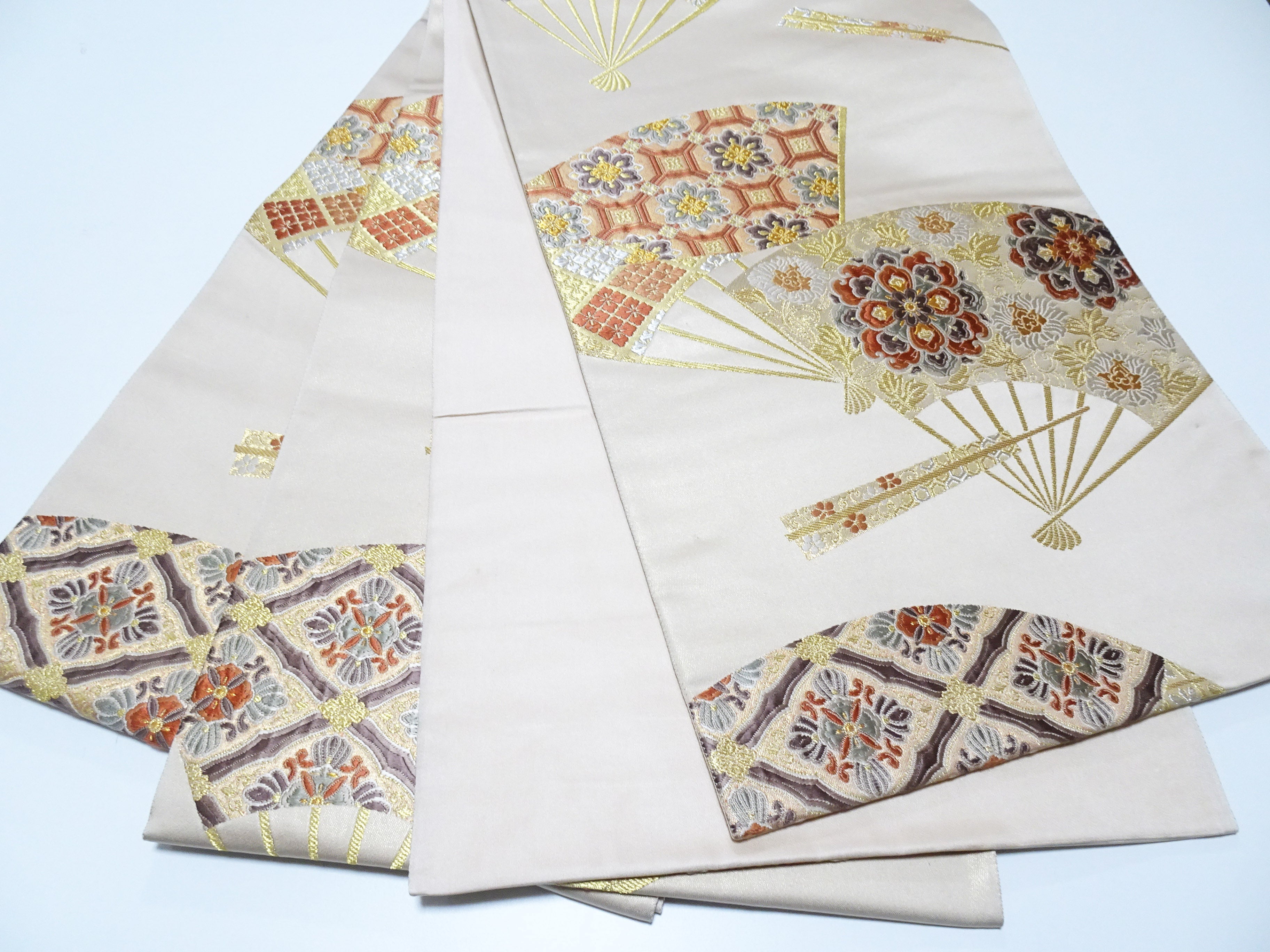 Japanese Kimono Silk Fukuro Obi 24K Gold Senmenhanamon Woven Pattern 16330