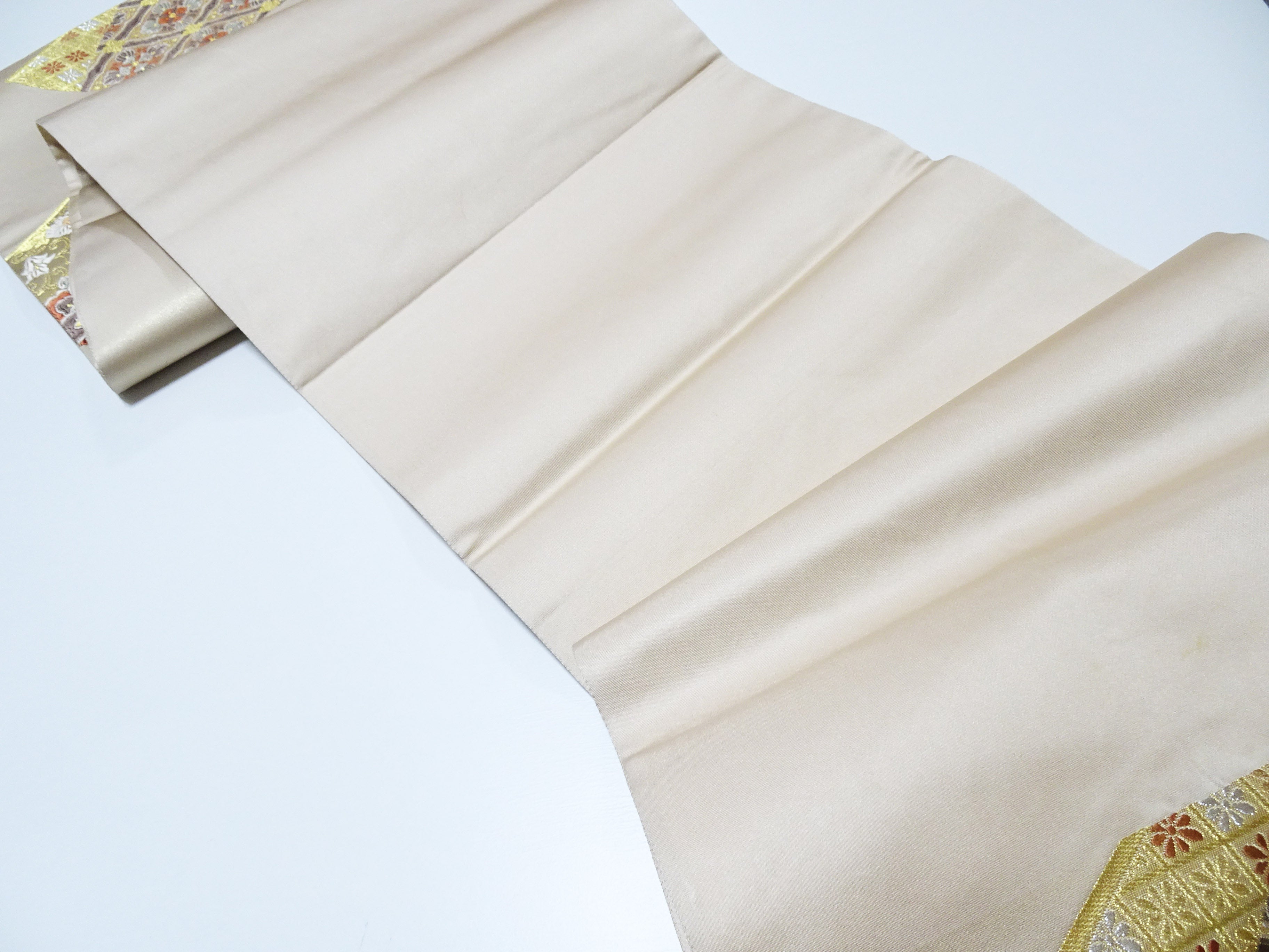 Japanese Kimono Silk Fukuro Obi 24K Gold Senmenhanamon Woven Pattern 16330