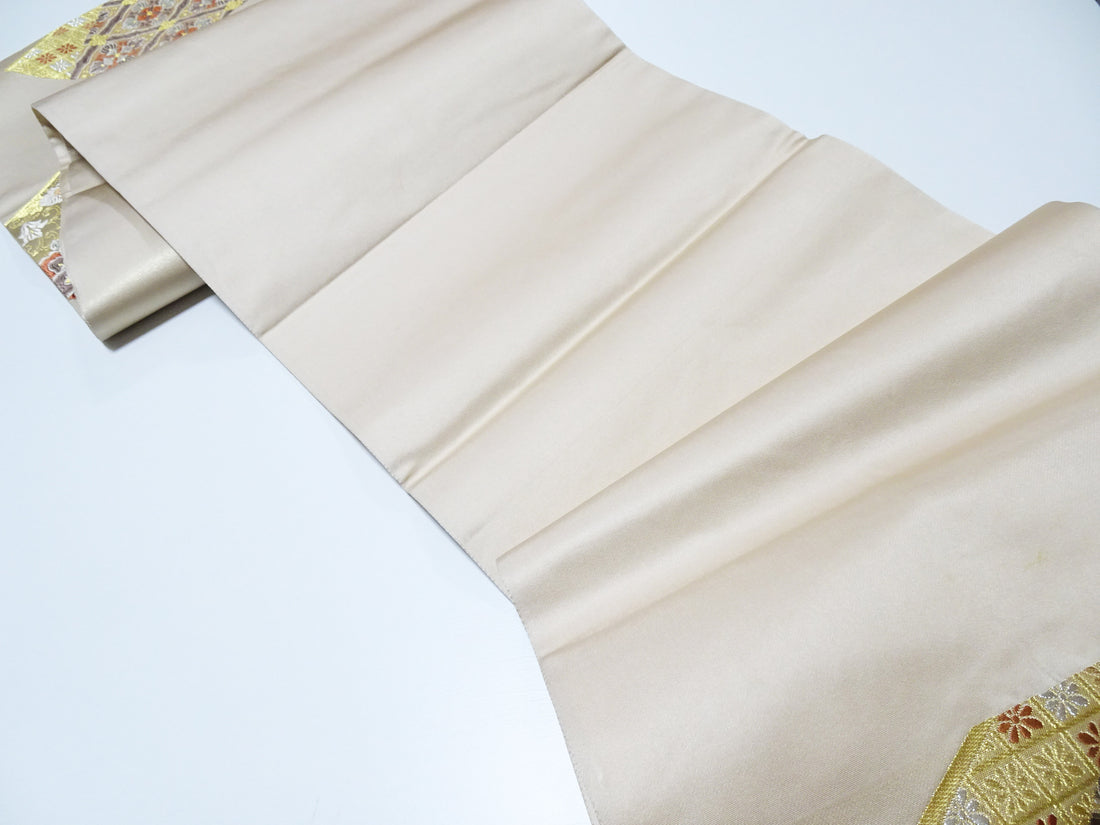 Japanese Kimono Silk Fukuro Obi 24K Gold Senmenhanamon Woven Pattern 16330