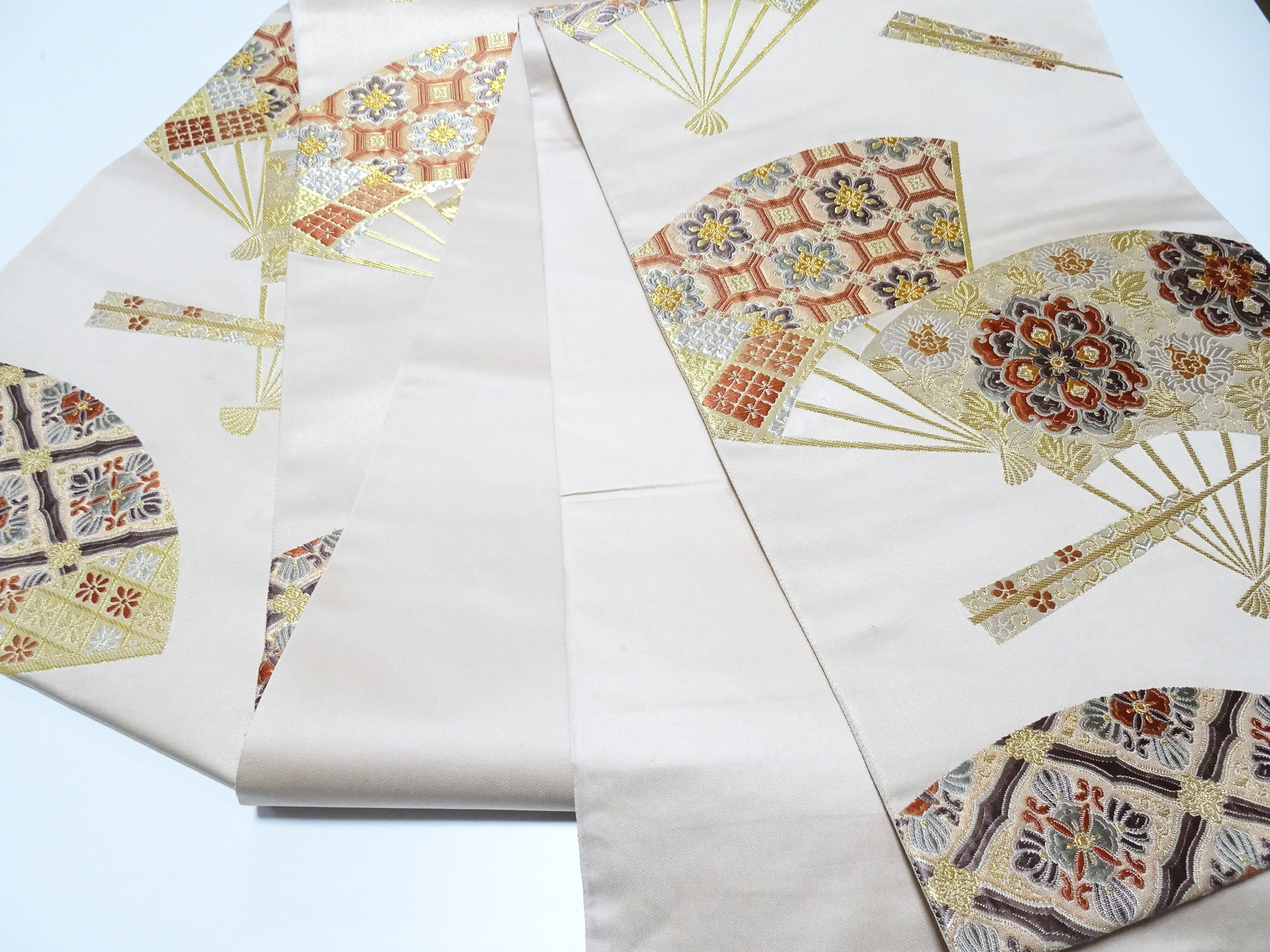 Japanese Kimono Silk Fukuro Obi 24K Gold Senmenhanamon Woven Pattern 16330