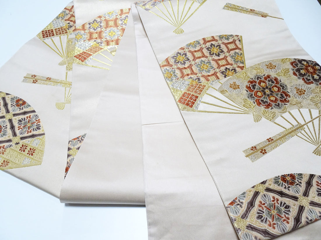 Japanese Kimono Silk Fukuro Obi 24K Gold Senmenhanamon Woven Pattern 16330