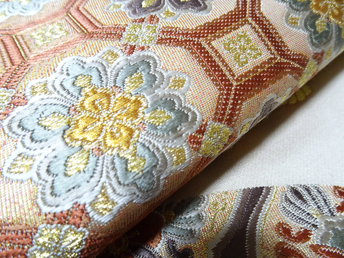 Japanese Kimono Silk Fukuro Obi 24K Gold Senmenhanamon Woven Pattern 16330