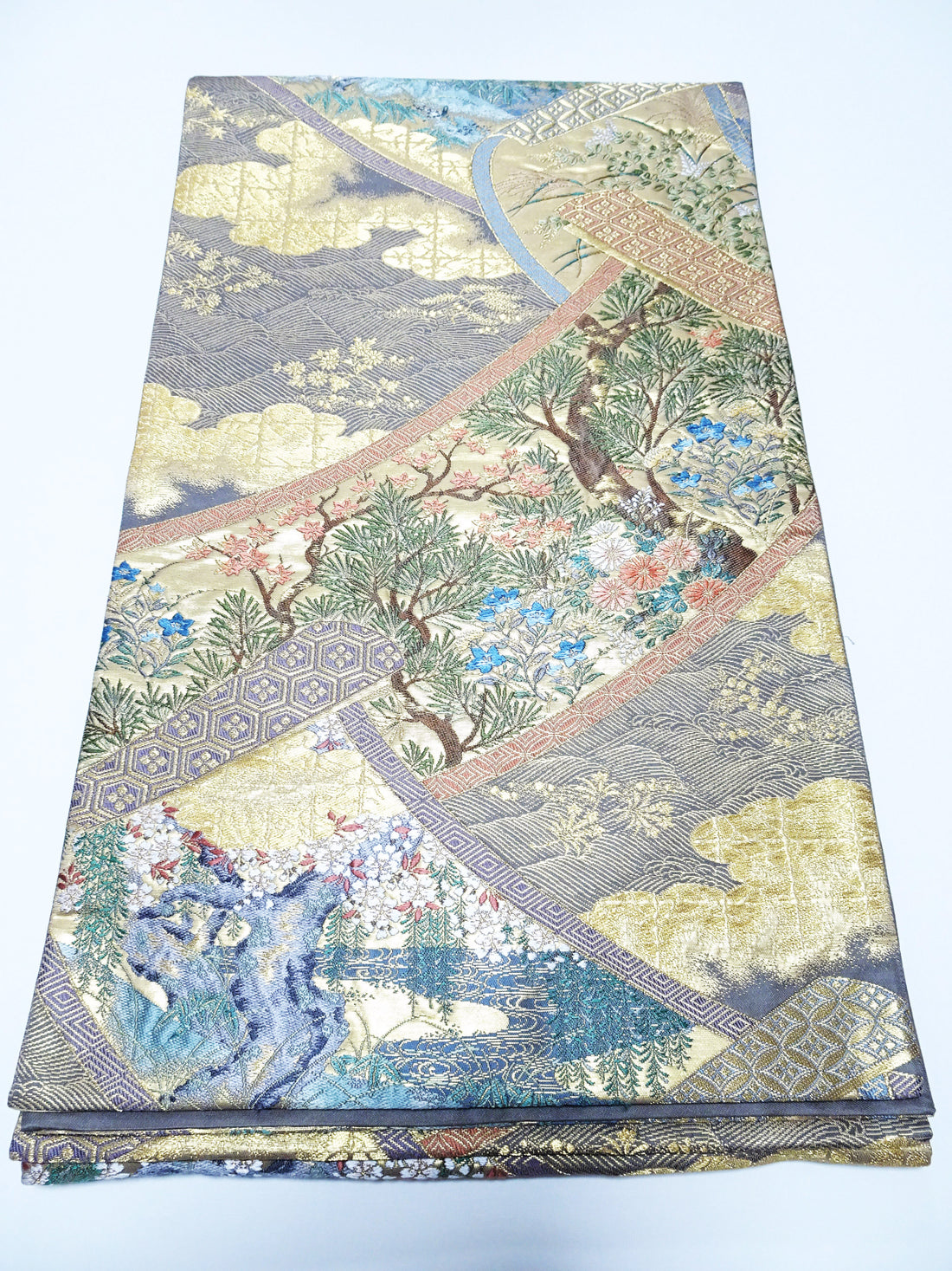 Japanese Kimono Silk Fukuro Obi Pine cherry blossoms waves Woven Pattern 16331