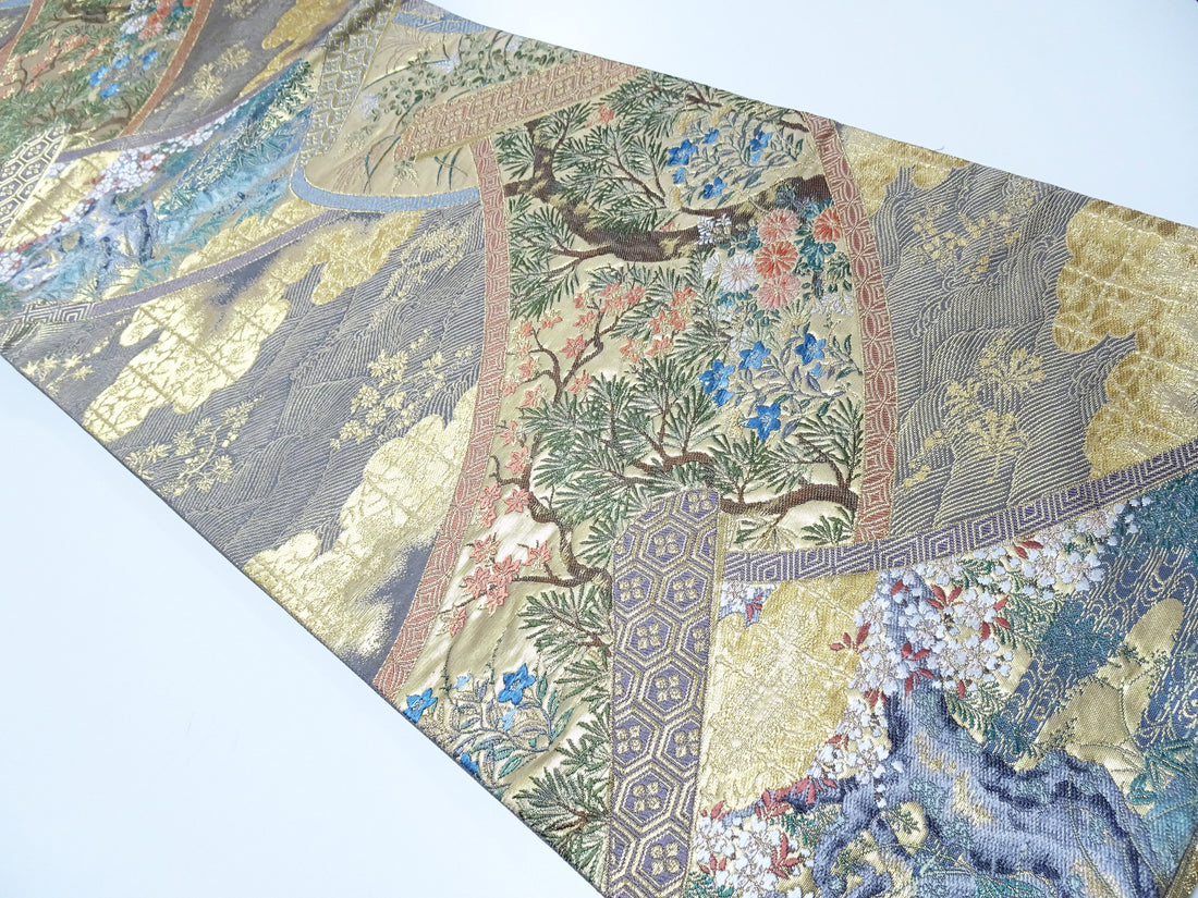 Japanese Kimono Silk Fukuro Obi Pine cherry blossoms waves Woven Pattern 16331