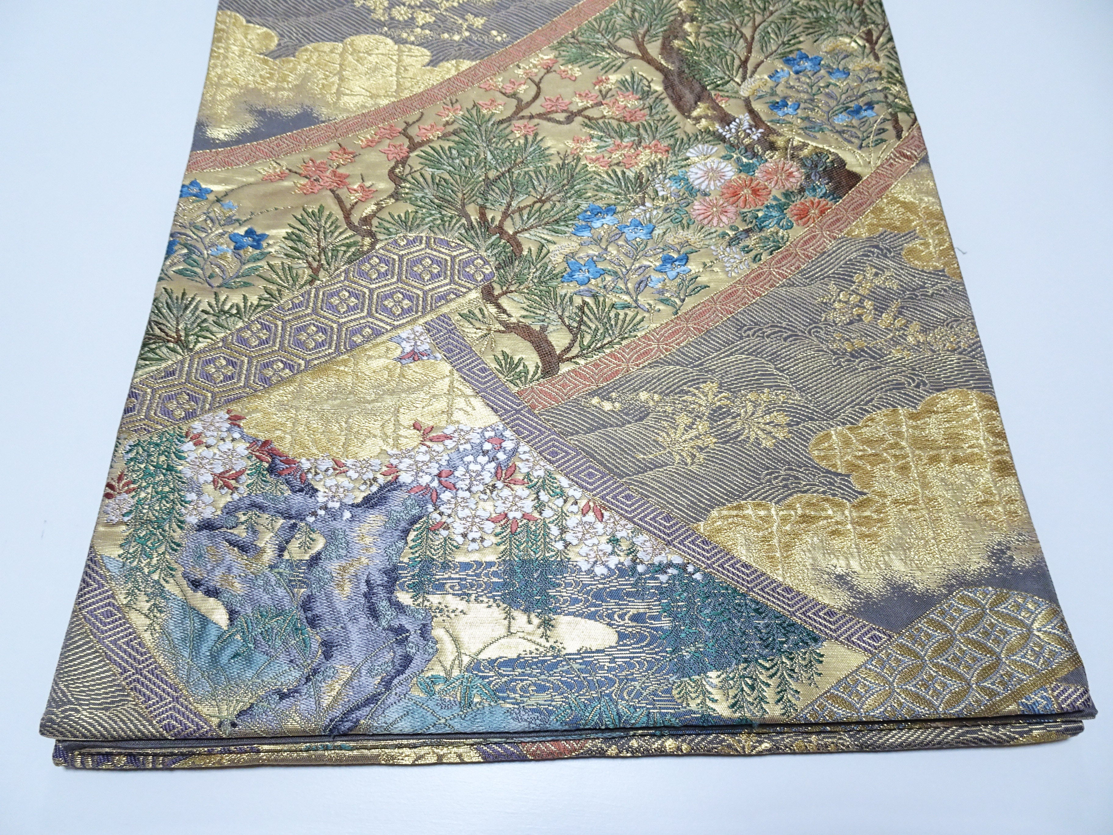 Japanese Kimono Silk Fukuro Obi Pine cherry blossoms waves Woven Pattern 16331