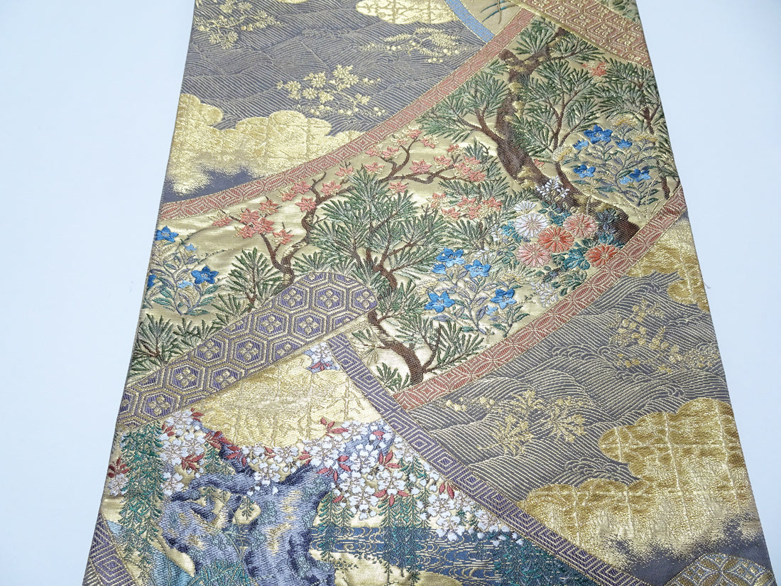 Japanese Kimono Silk Fukuro Obi Pine cherry blossoms waves Woven Pattern 16331