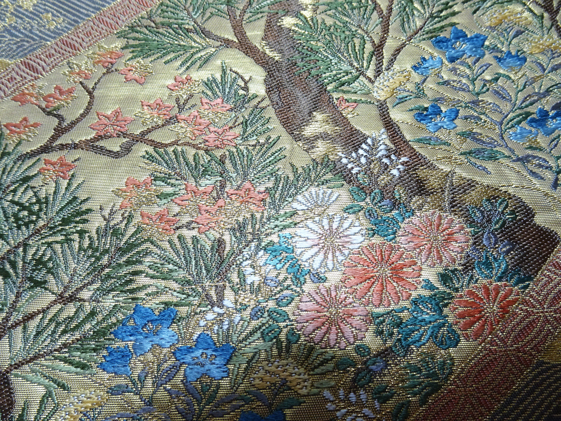 Japanese Kimono Silk Fukuro Obi Pine cherry blossoms waves Woven Pattern 16331