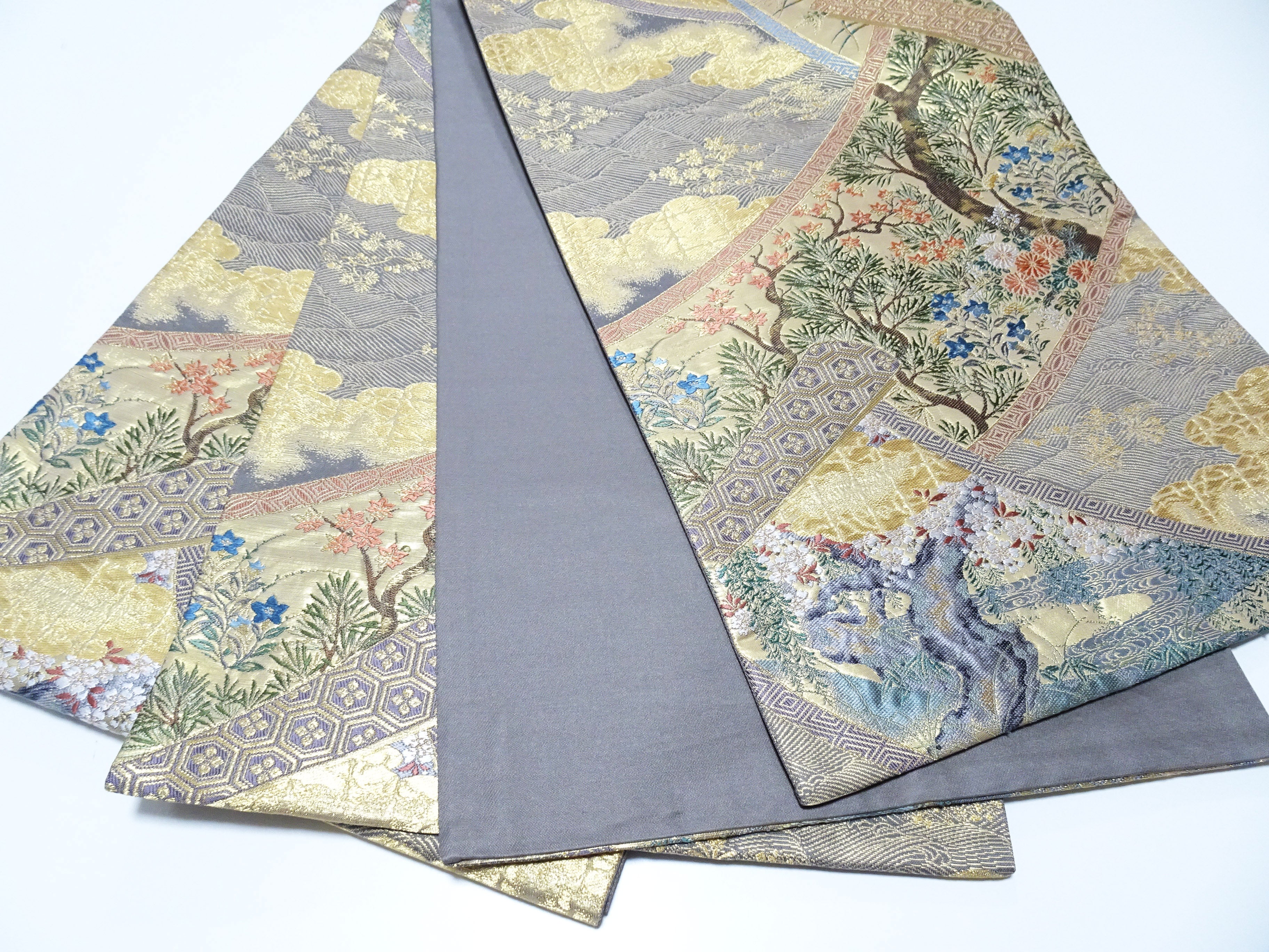 Japanese Kimono Silk Fukuro Obi Pine cherry blossoms waves Woven Pattern 16331